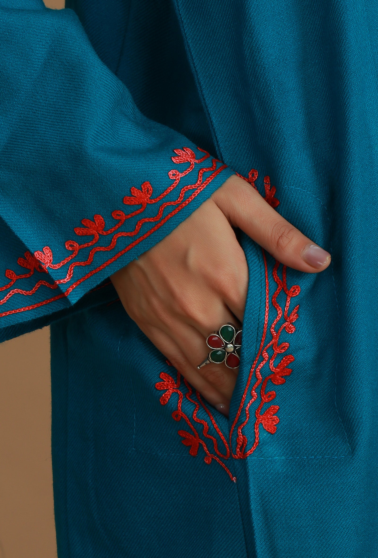 Teal Blue Phiran with Multi-Tone Aari Embroidery- Free Size