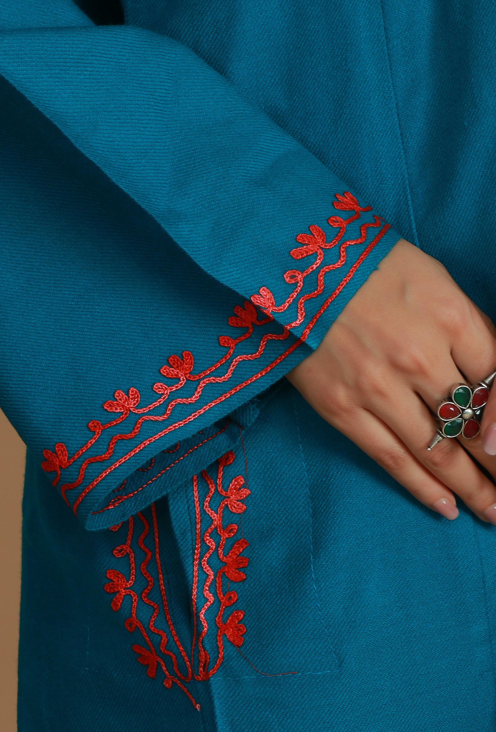 Teal Blue Phiran with Multi-Tone Aari Embroidery- Free Size