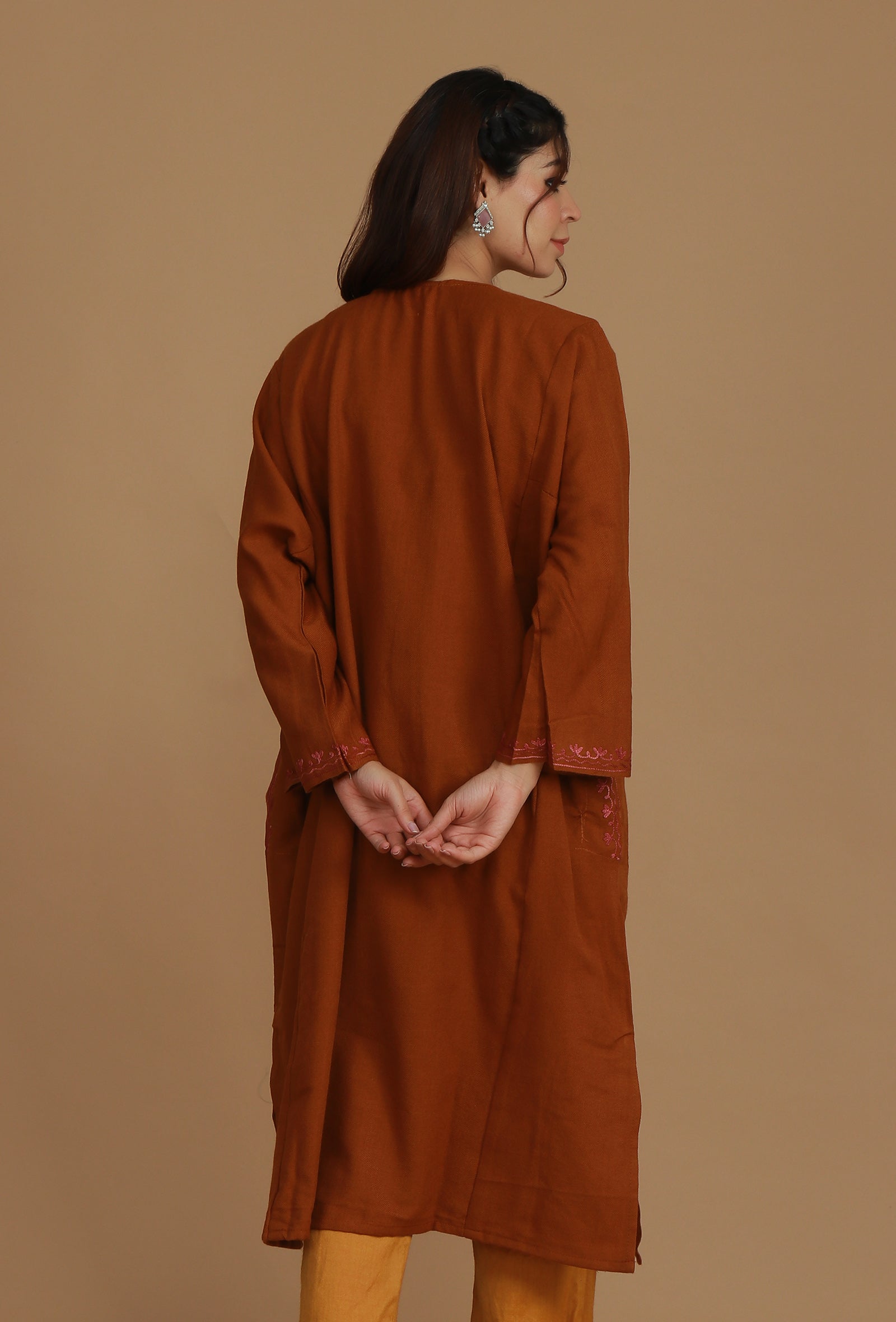 Burnt Orange Phiran with Pink and Gold Aari Embroidery- Free Size