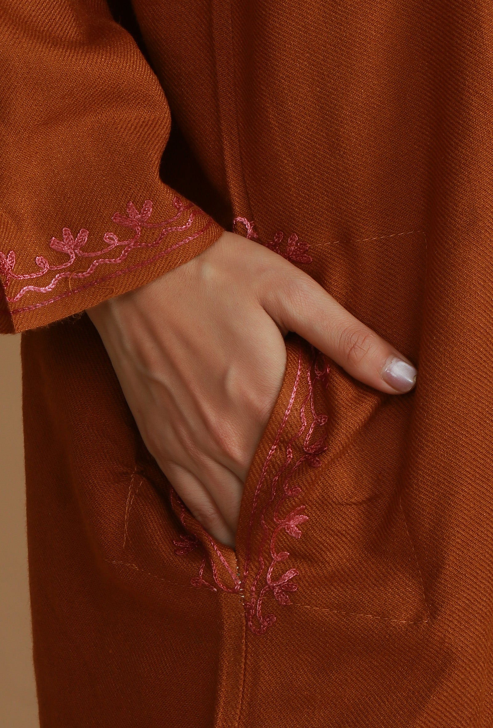 Burnt Orange Phiran with Pink and Gold Aari Embroidery- Free Size