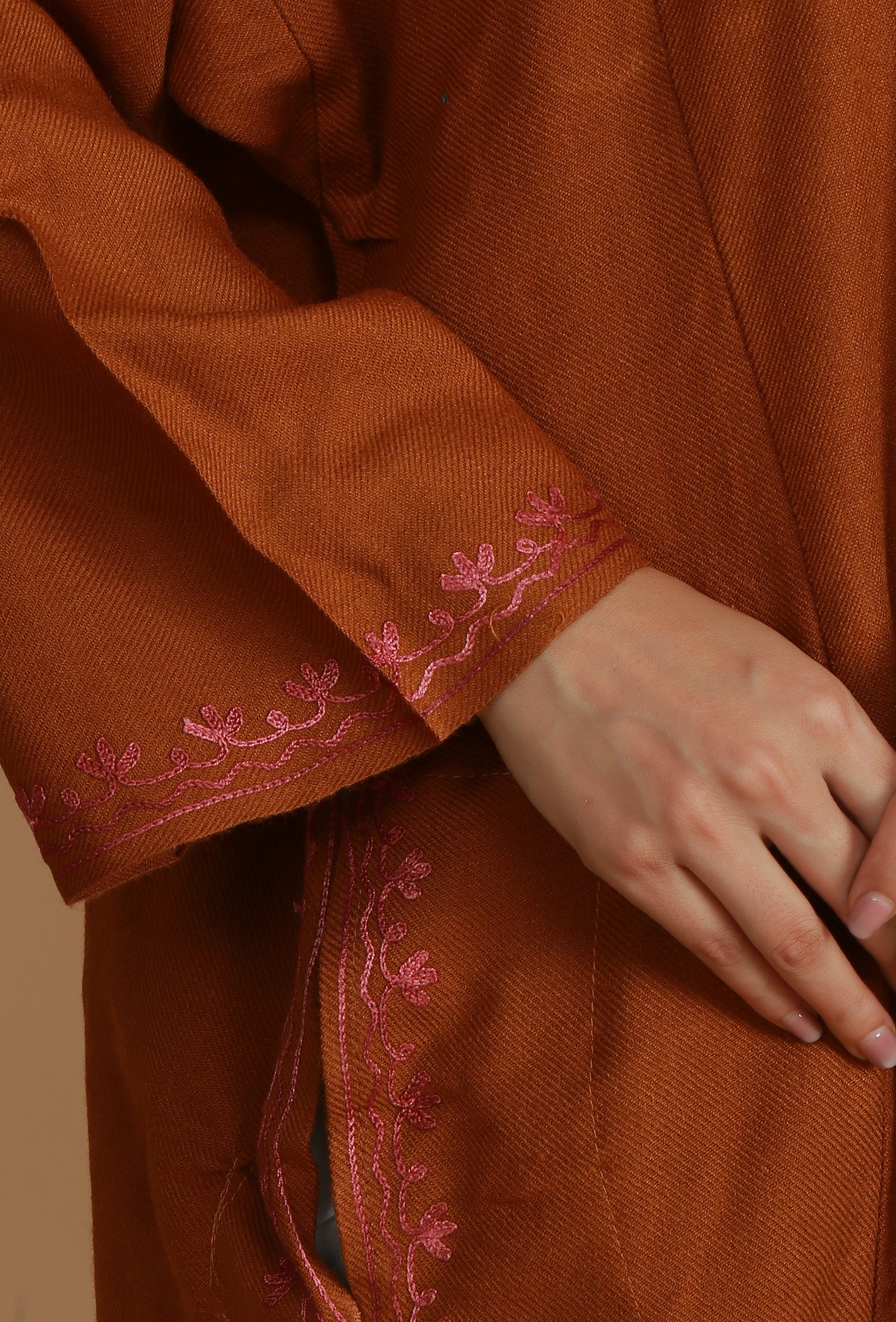 Burnt Orange Phiran with Pink and Gold Aari Embroidery- Free Size