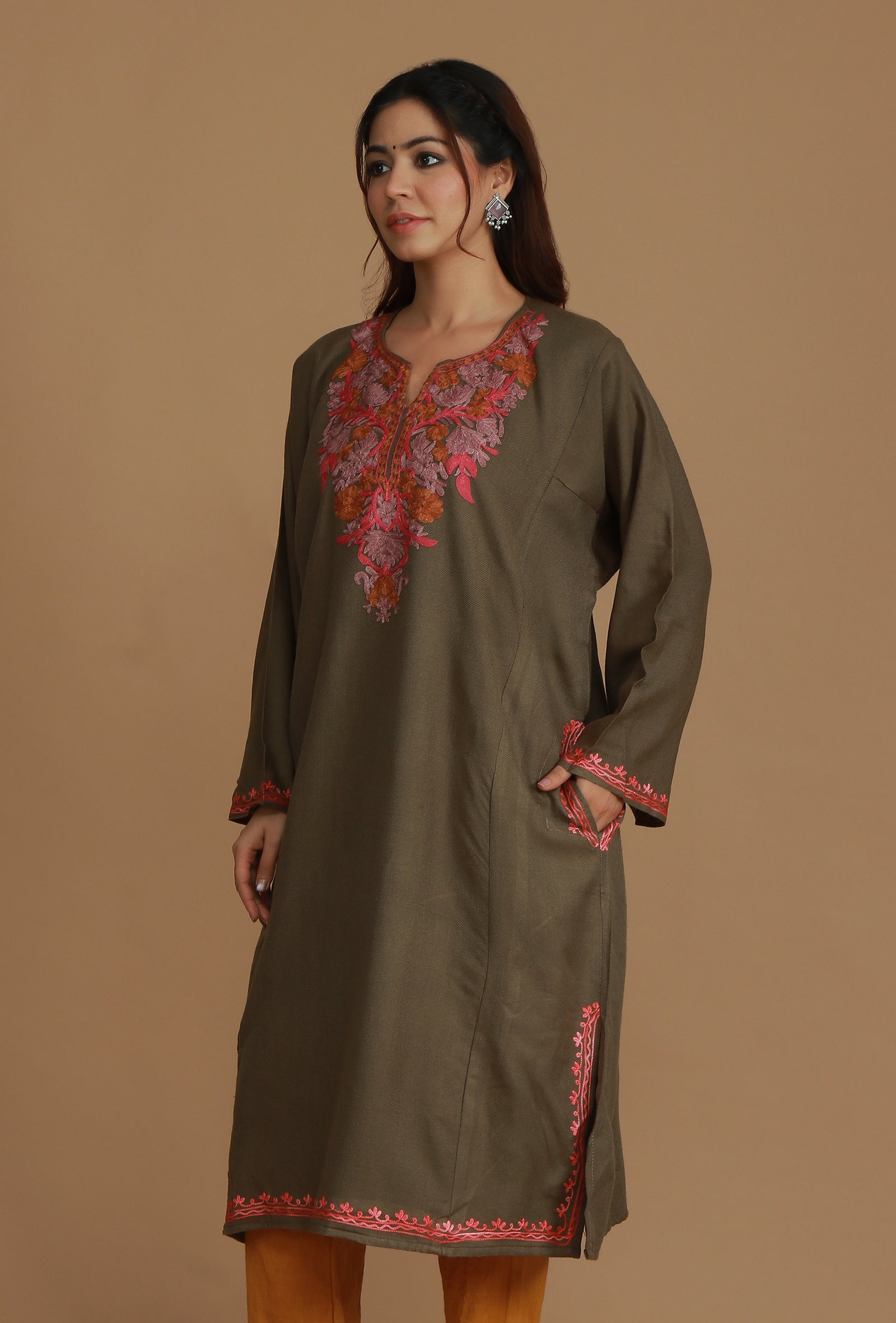 Olive Brown Phiran with Multi-Tone Aari Embroidery- Free Size
