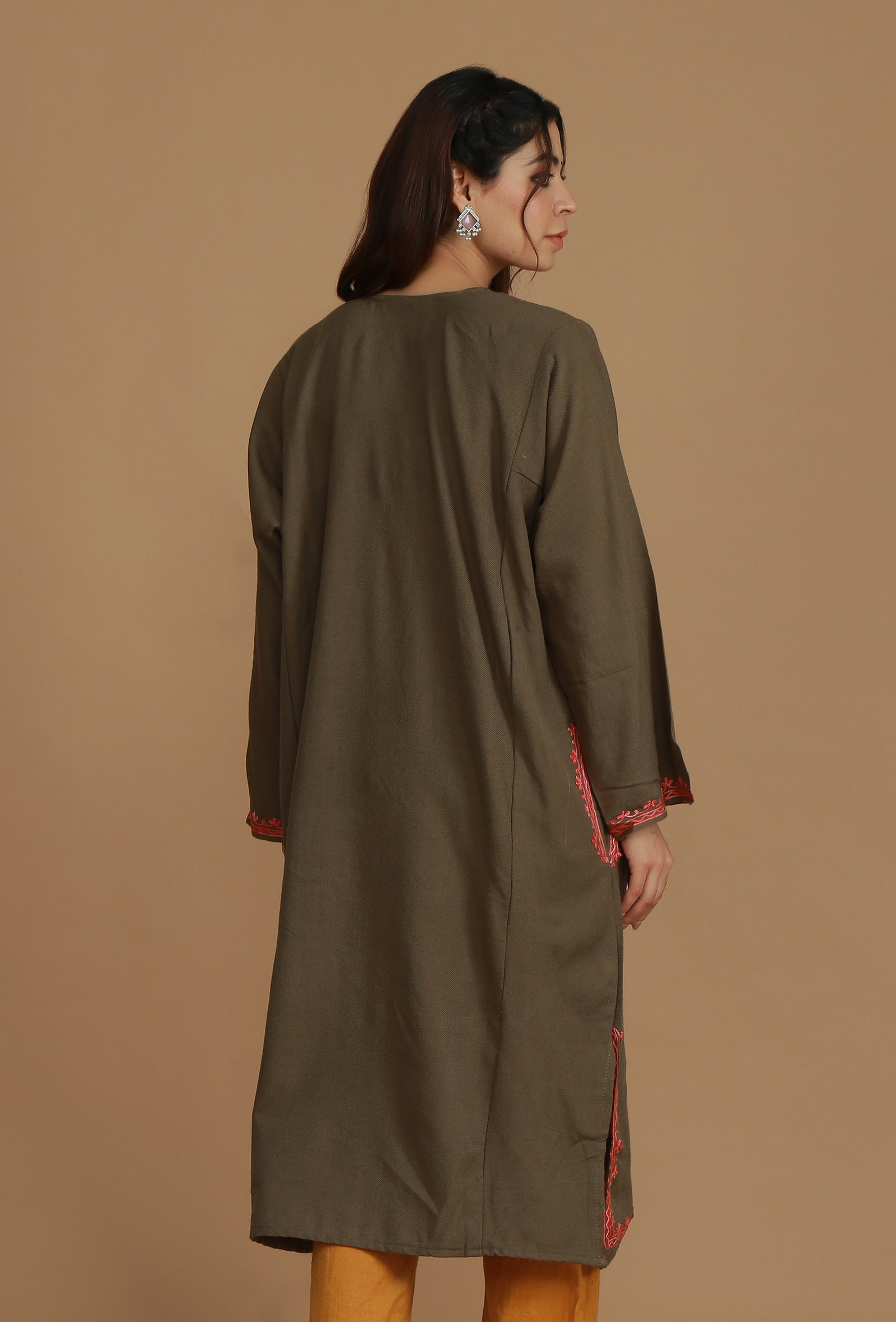 Olive Brown Phiran with Multi-Tone Aari Embroidery- Free Size