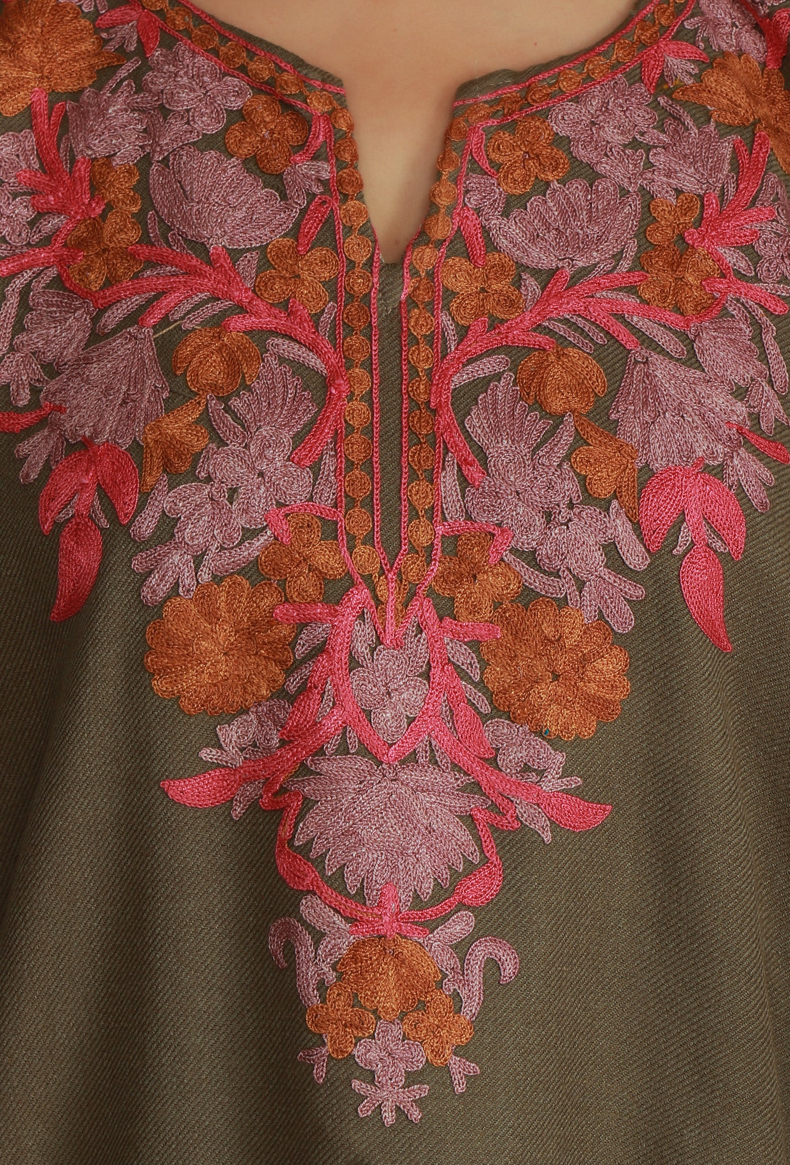 Olive Brown Phiran with Multi-Tone Aari Embroidery- Free Size