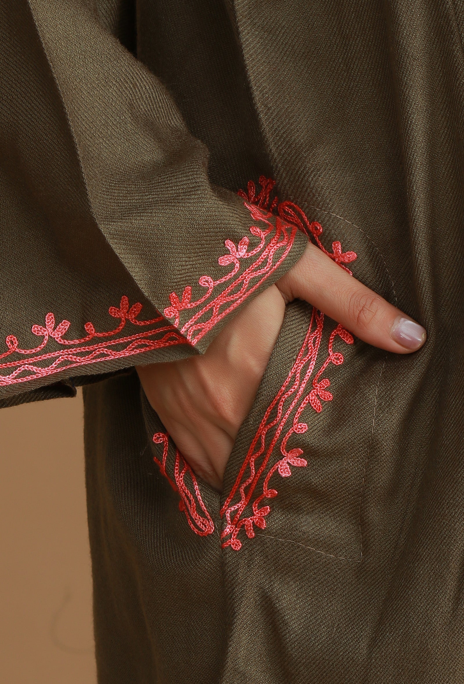 Olive Brown Phiran with Multi-Tone Aari Embroidery- Free Size