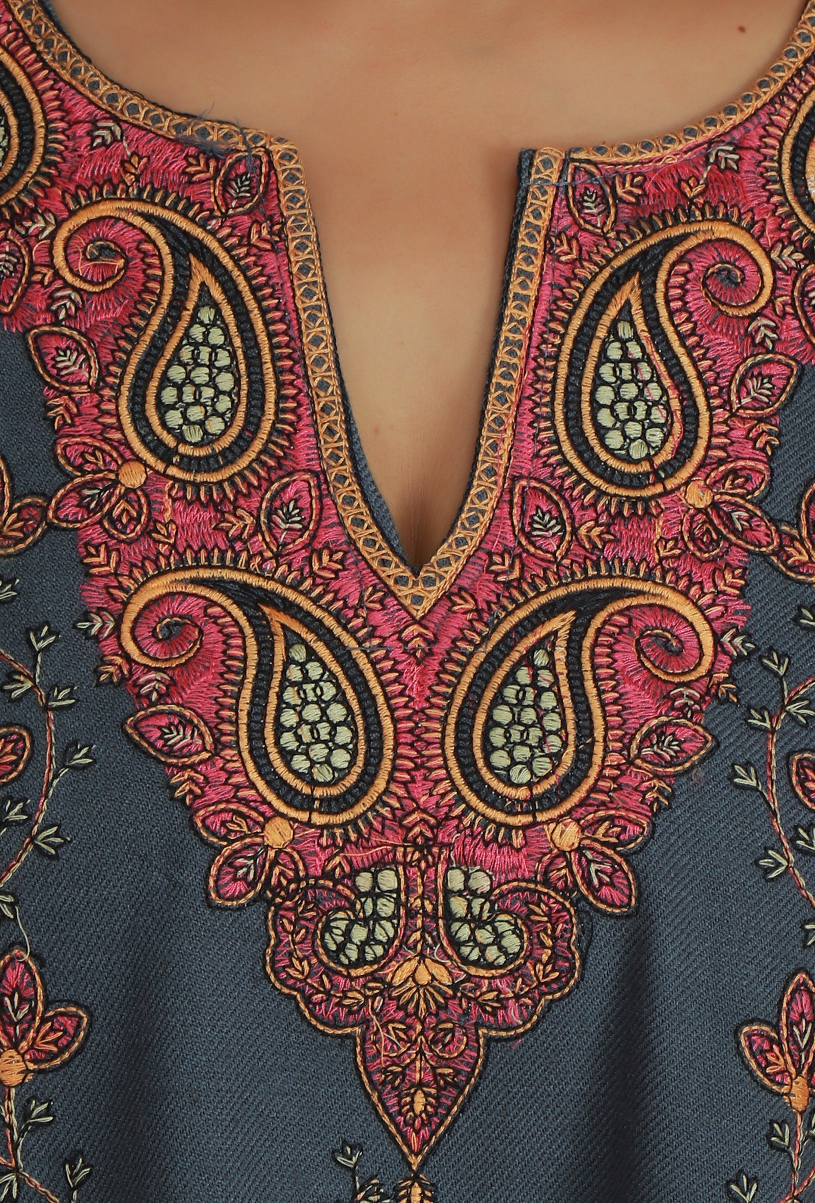 All-Over Embroidered Slate Grey Kashmiri Phiran- Free Size