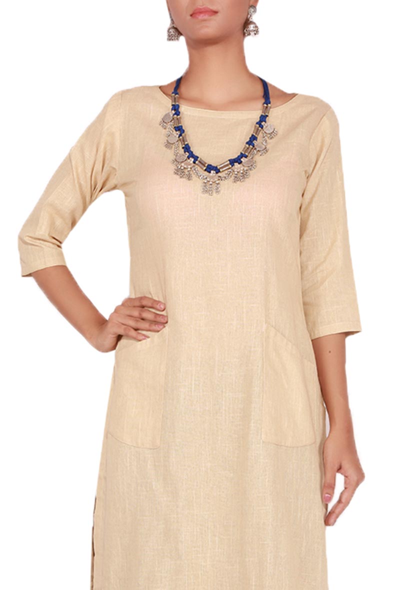 Beige Cotton Linen Kurta with Front Pockets