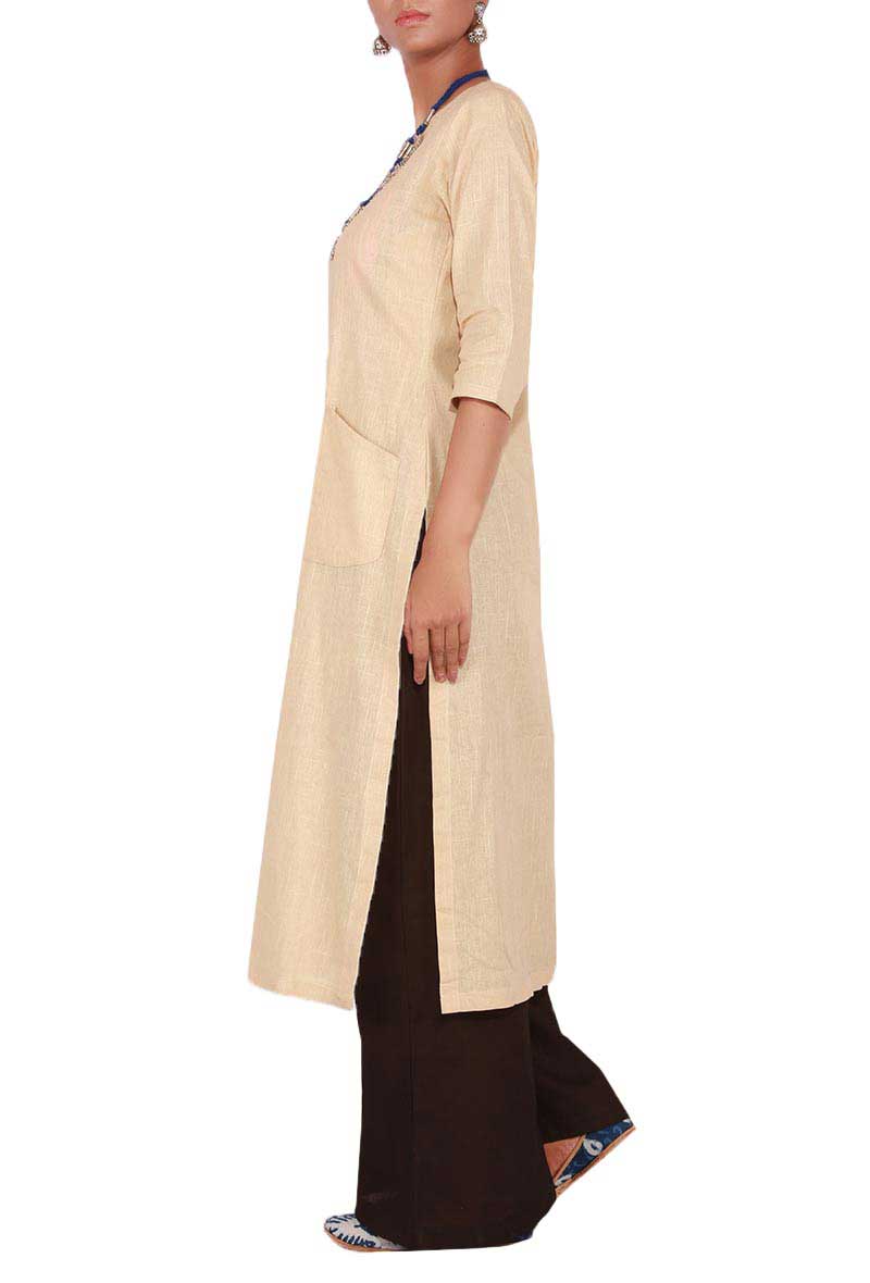 Beige Cotton Linen Kurta with Front Pockets