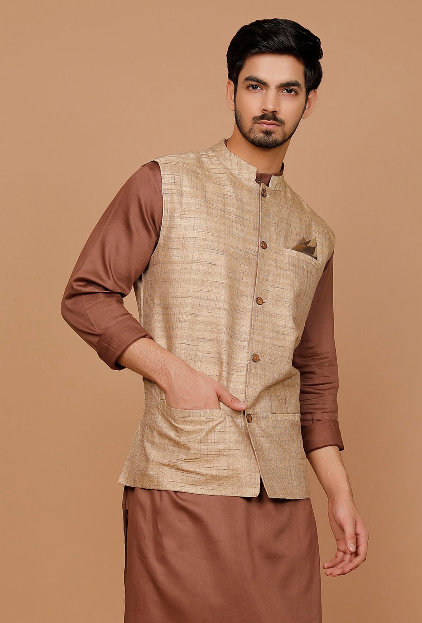 Tan Khaki Matka Silk Nehru Jacket