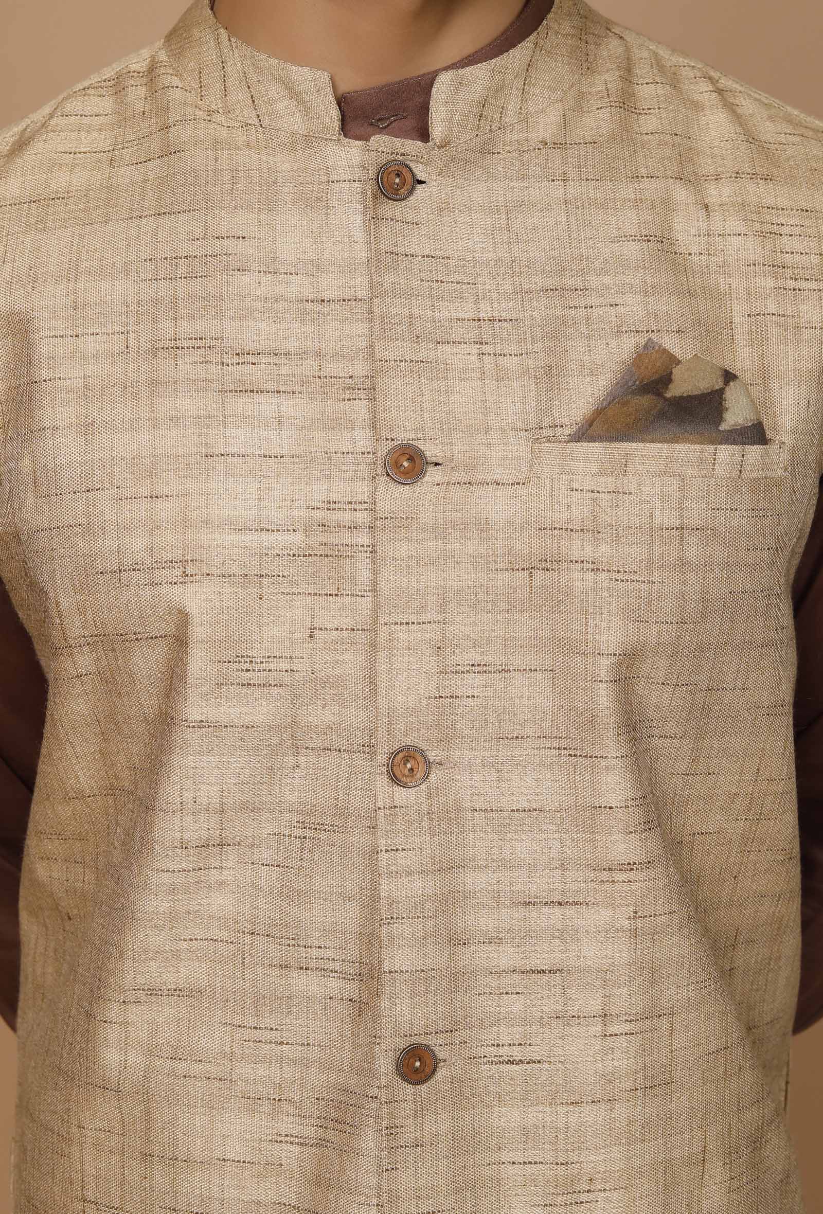 Tan Khaki Matka Silk Nehru Jacket