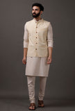 Set of 3: Beige Kurta pajama with Yellow waist coat