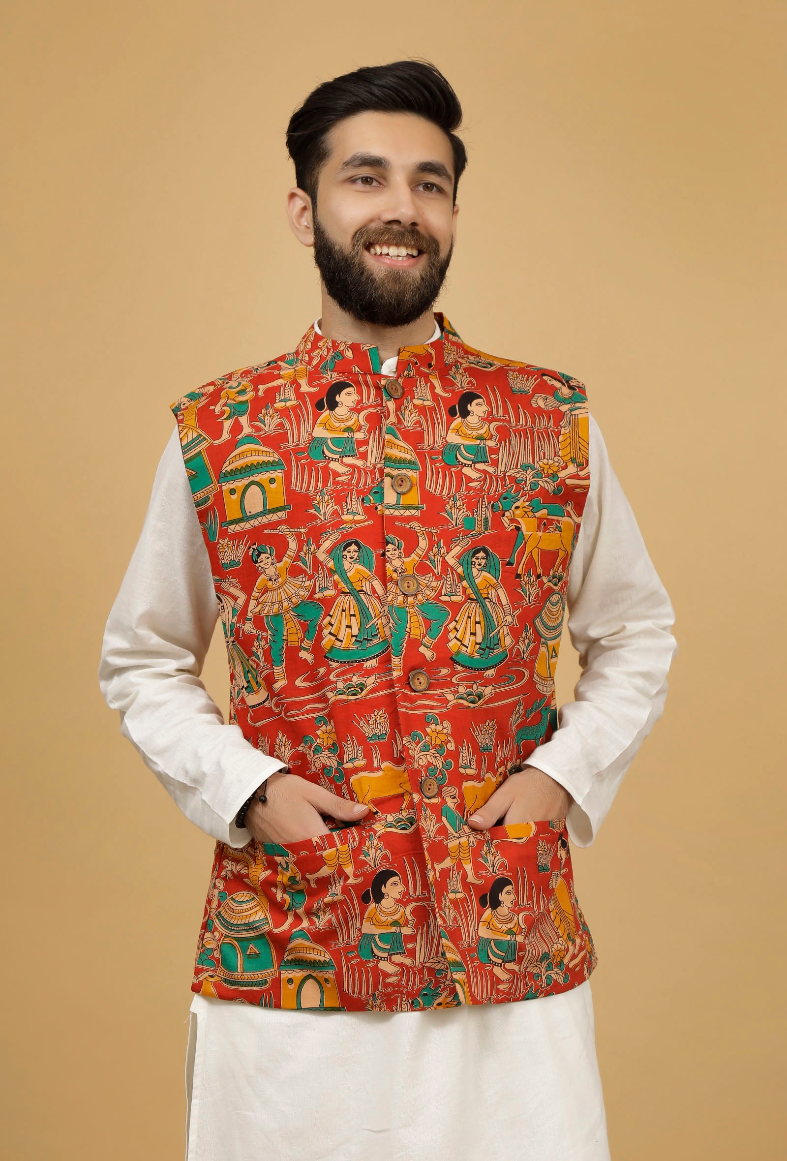 Merry Red Floral Kalamkari Cotton Nehru Jacket