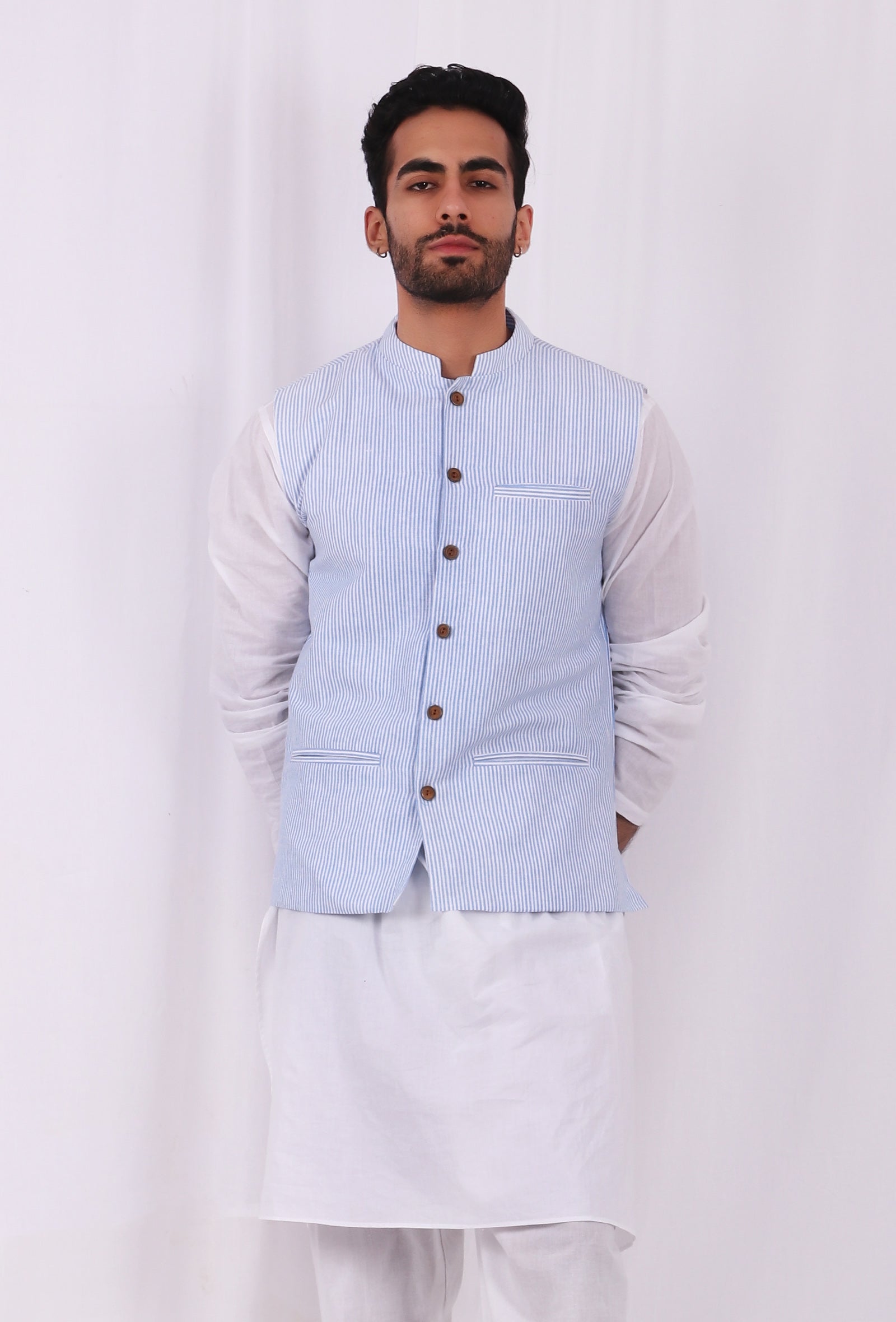 Sky Blue Hand Block Nehru Jacket