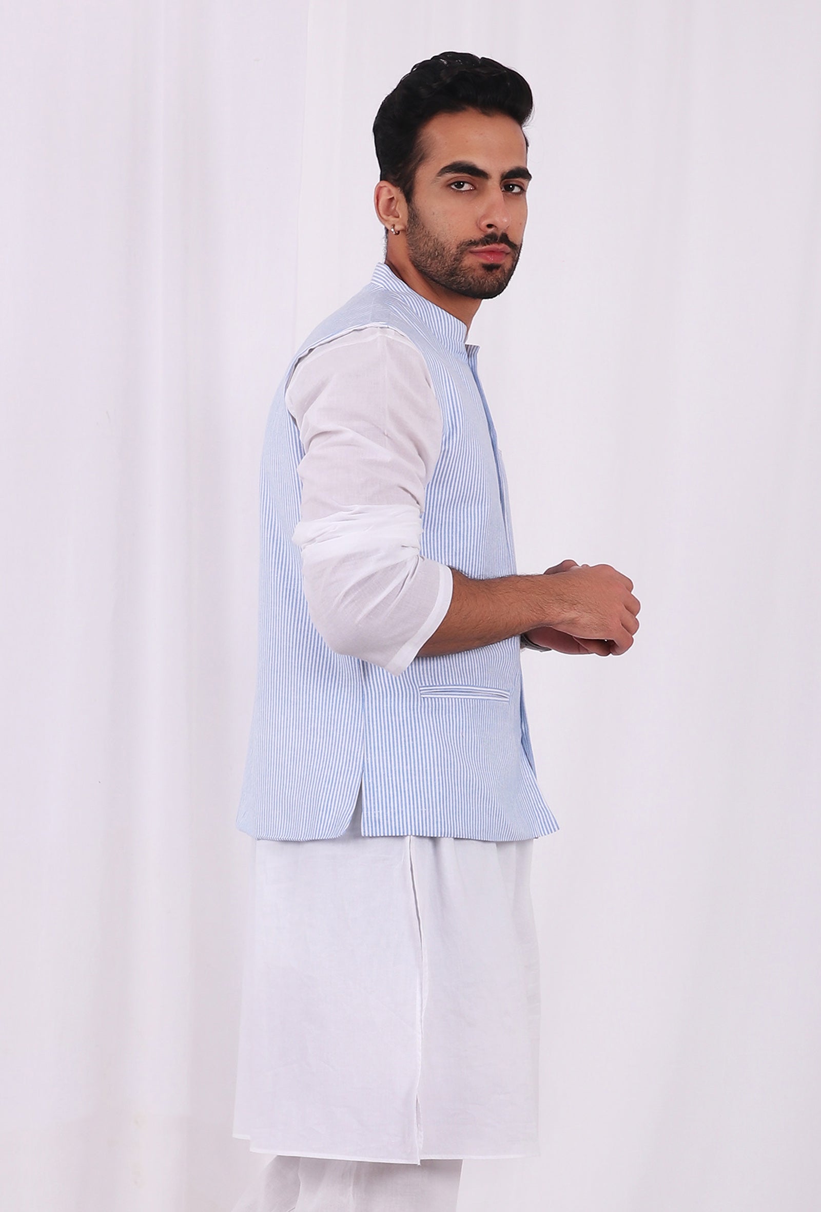 Sky Blue Hand Block Nehru Jacket