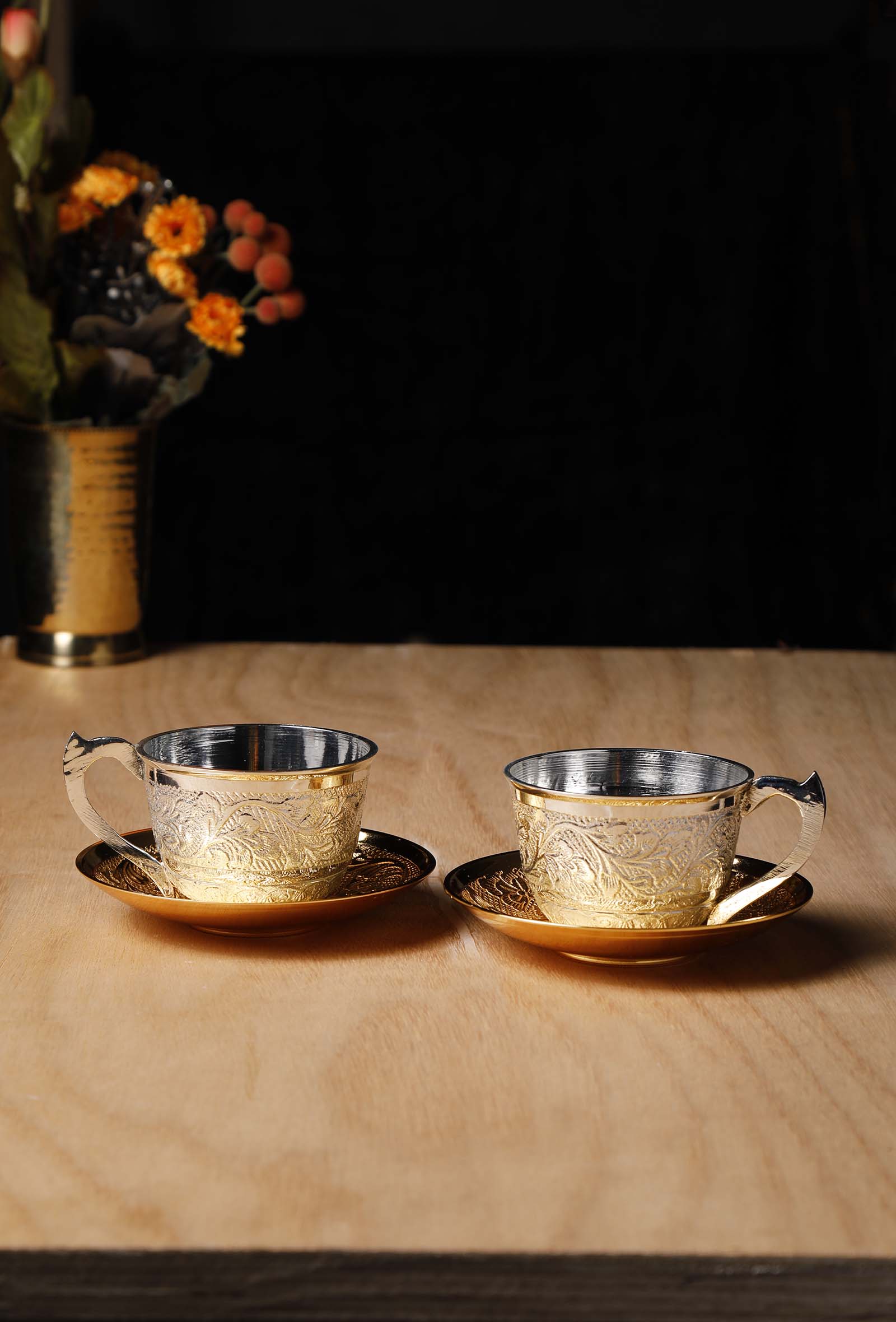 Set Of 2: Brass Silver Finish Hand Carved Cup - Saucer