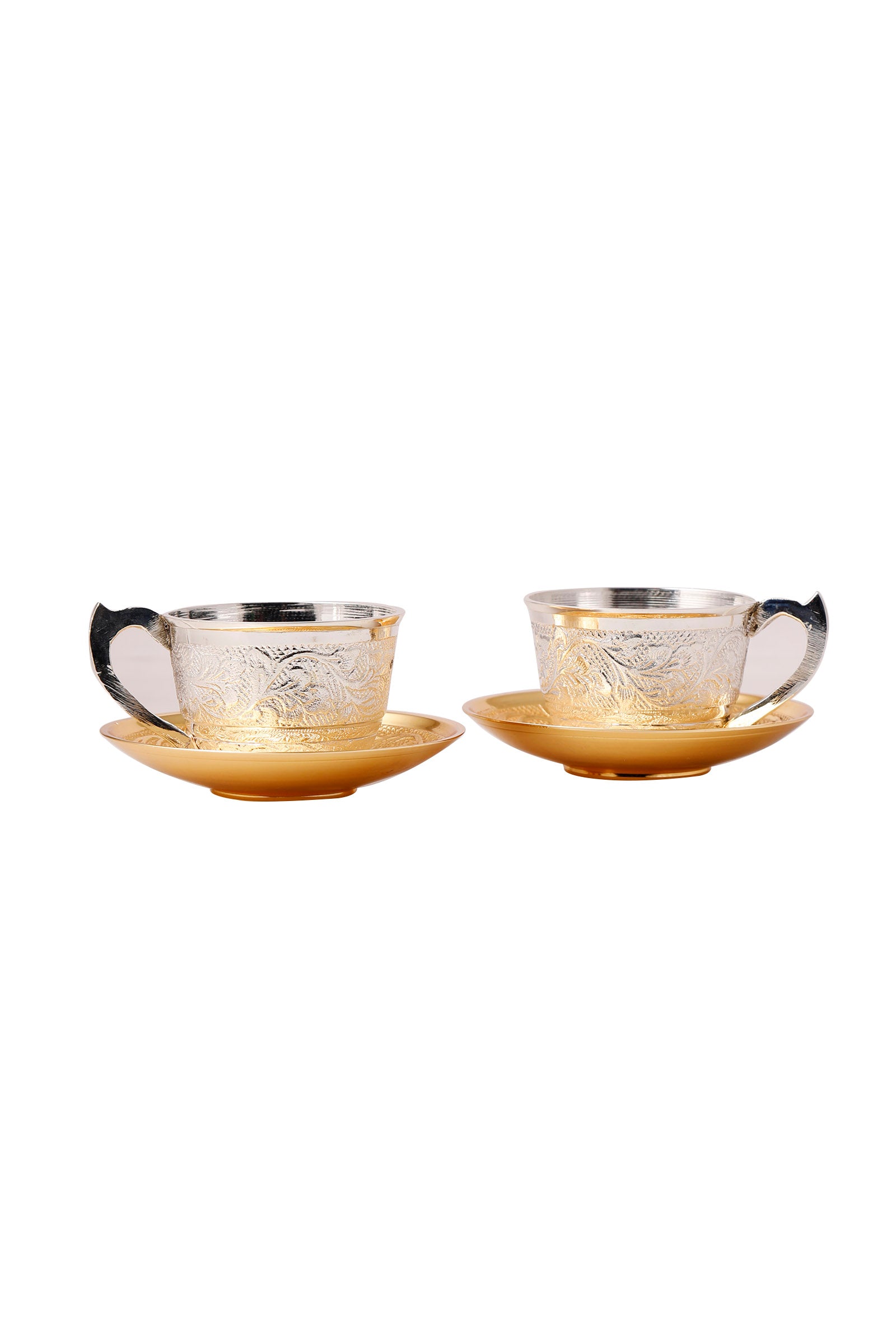Set Of 2: Brass Silver Finish Hand Carved Cup - Saucer