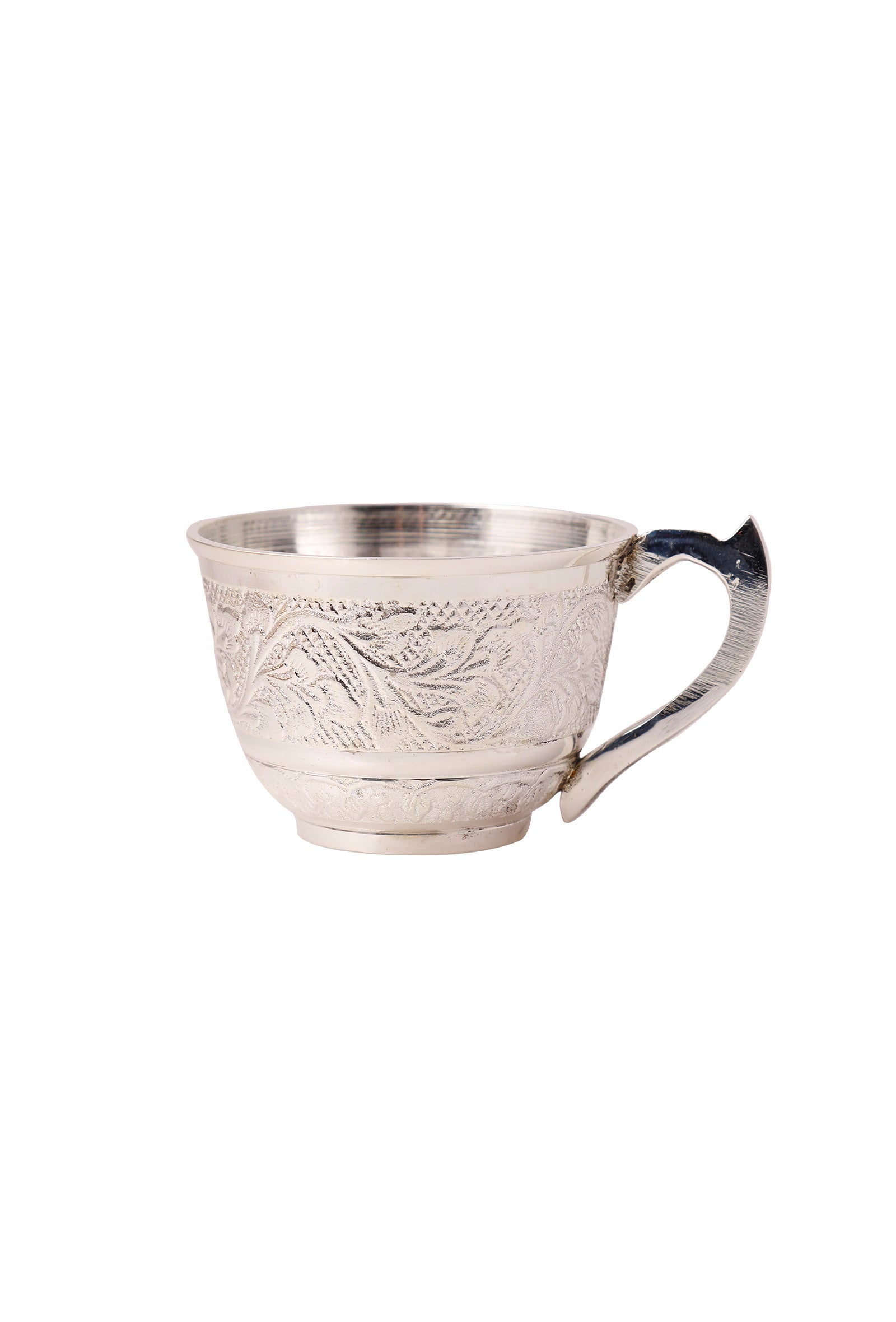 Set Of 2: Brass Silver Finish Hand Carved Cup - Saucer