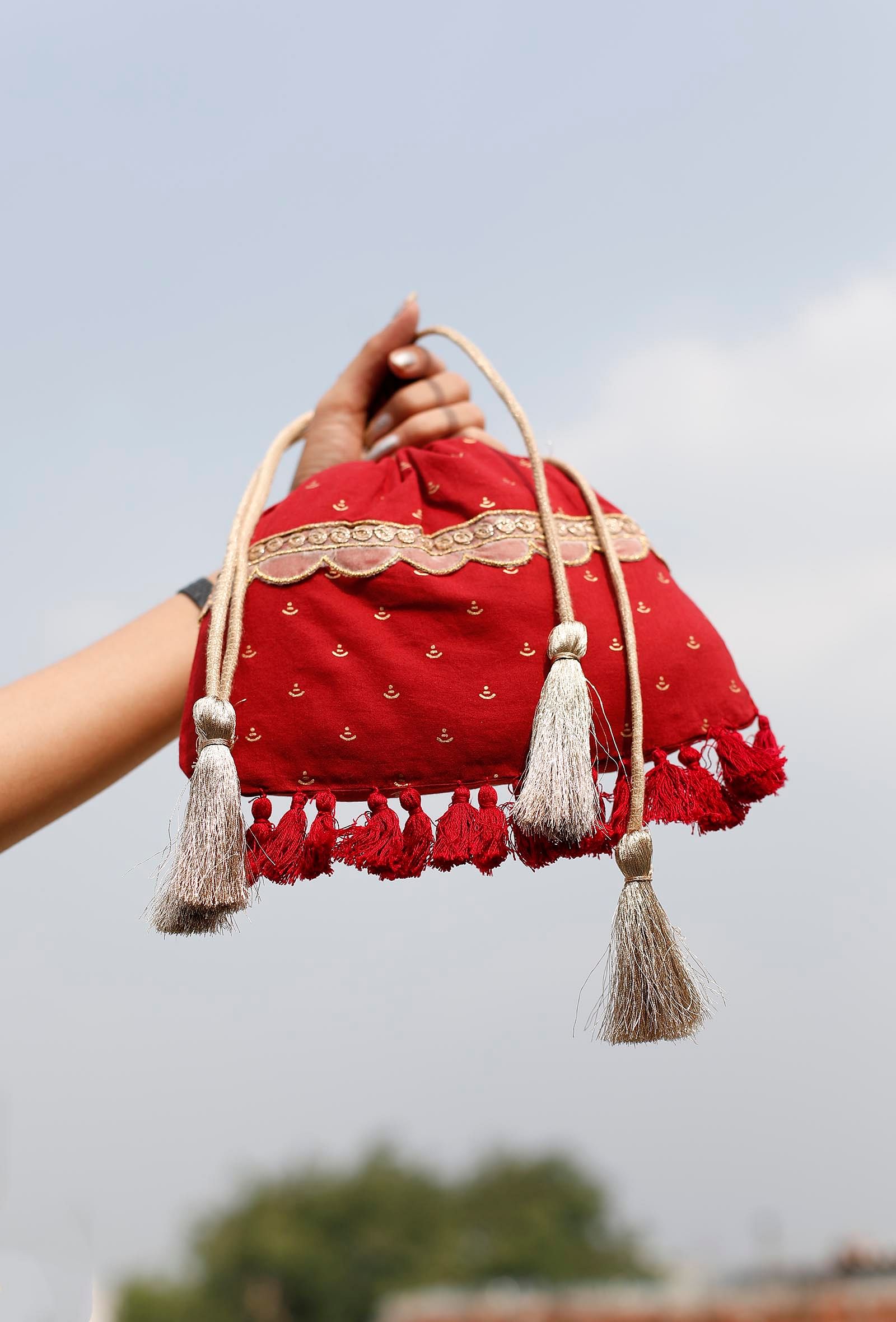 Sneh Crimson Red Block Print Cotton Potli Bag
