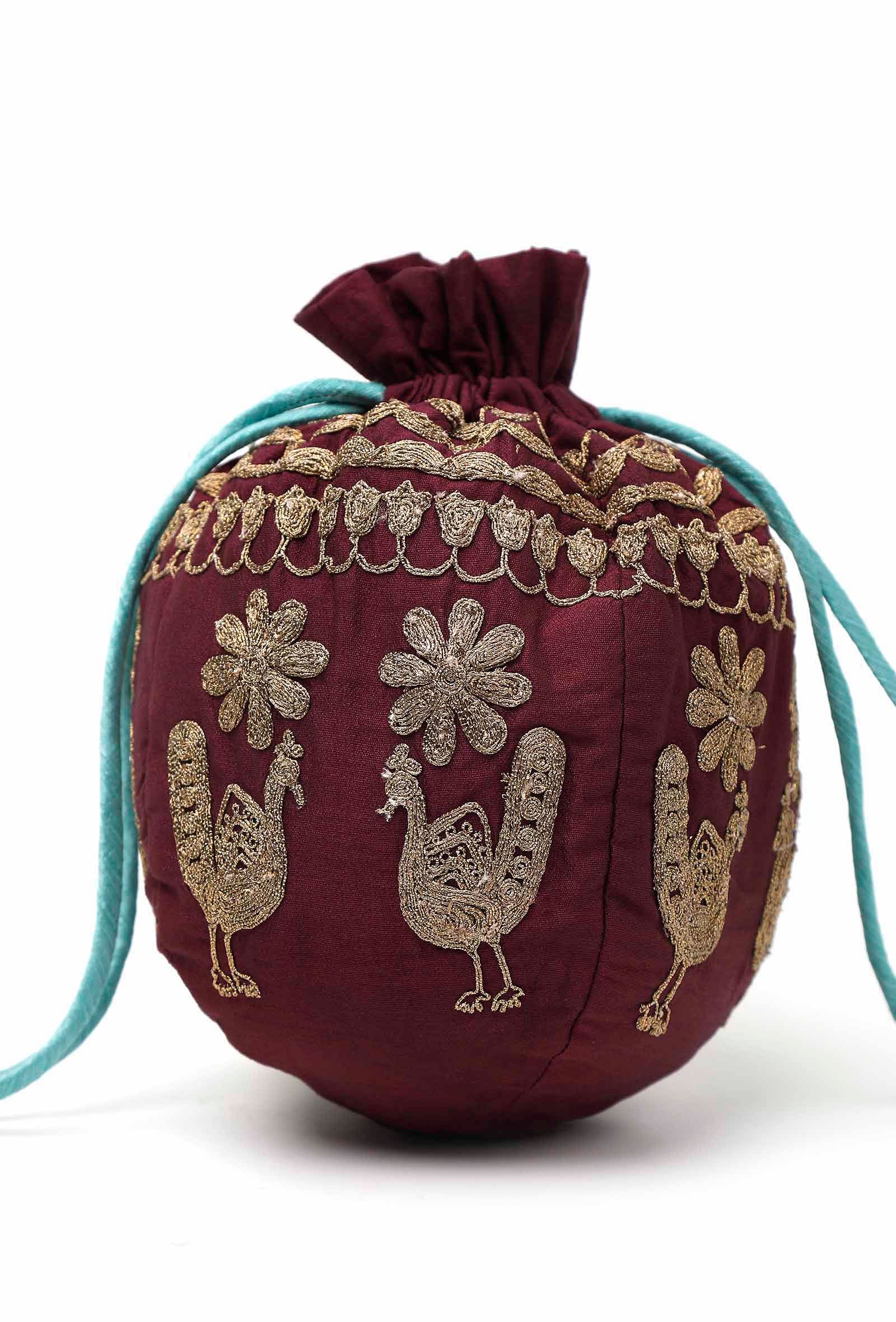 Maroon Dupion Silk Potli with Blue Strings