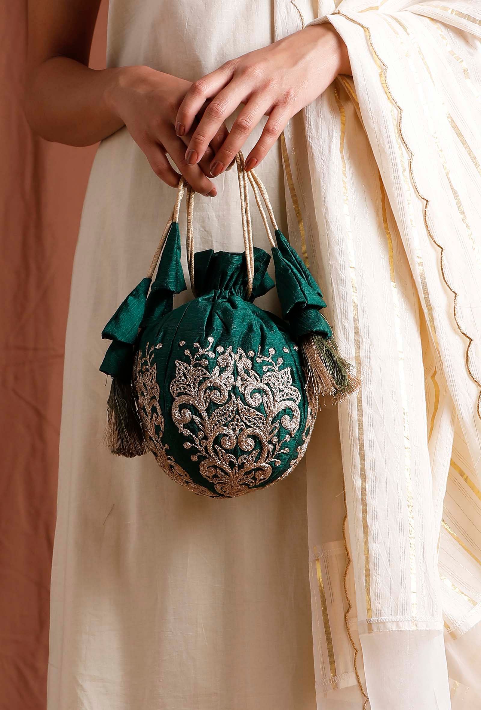 Bottle Green Dupion Silk Potli with Beige Strings