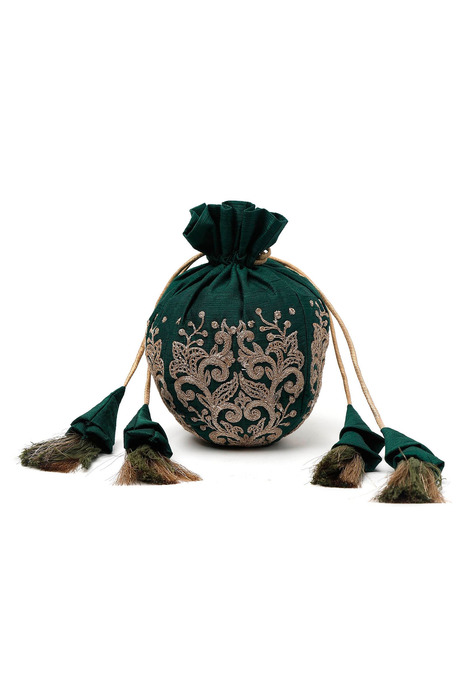 Bottle Green Dupion Silk Potli with Beige Strings