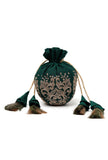 Bottle Green Dupion Silk Potli with Beige Strings