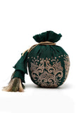 Bottle Green Dupion Silk Potli with Beige Strings