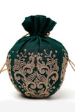 Bottle Green Dupion Silk Potli with Beige Strings