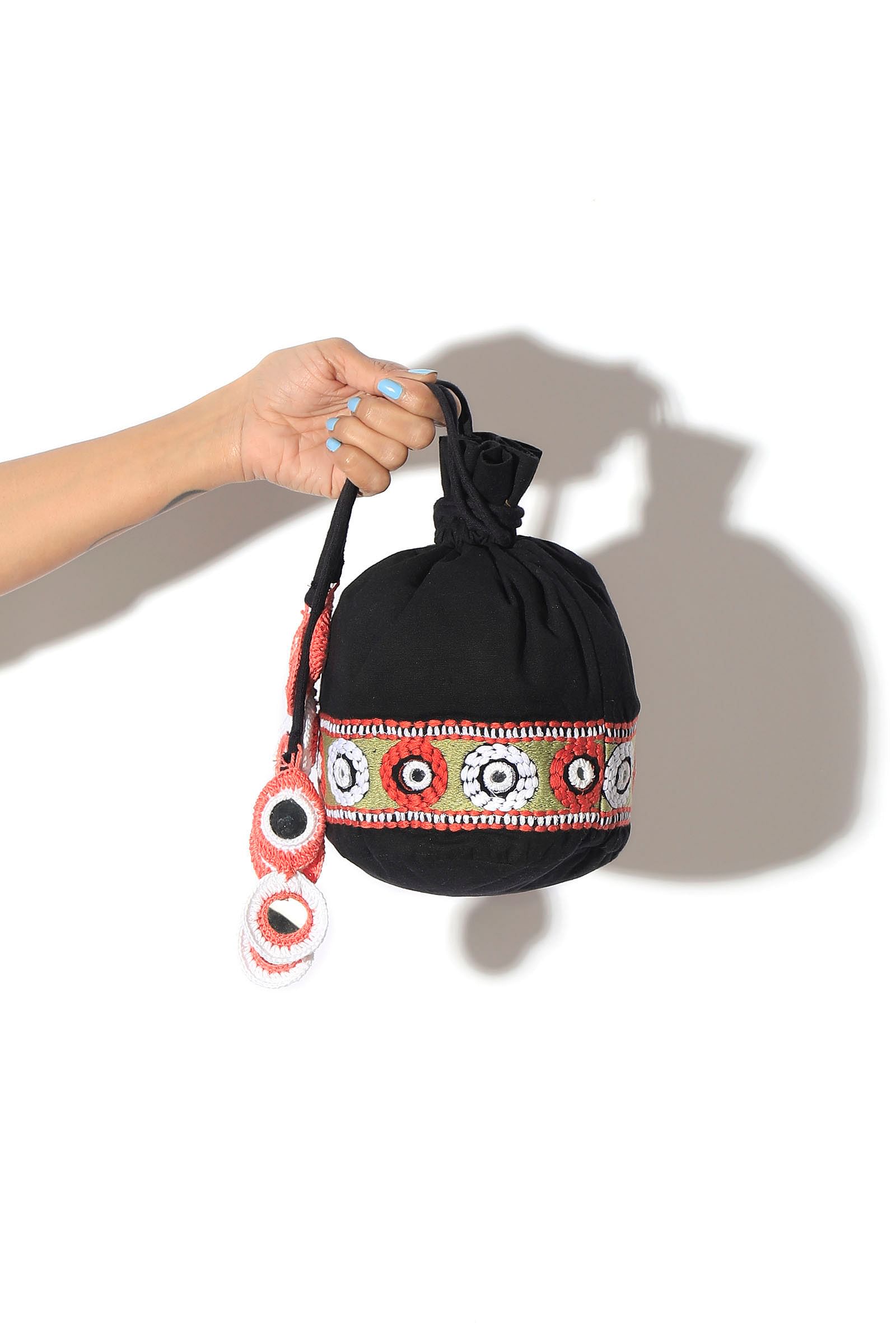 Onyx Black Cotton Mirror Tassels Potli