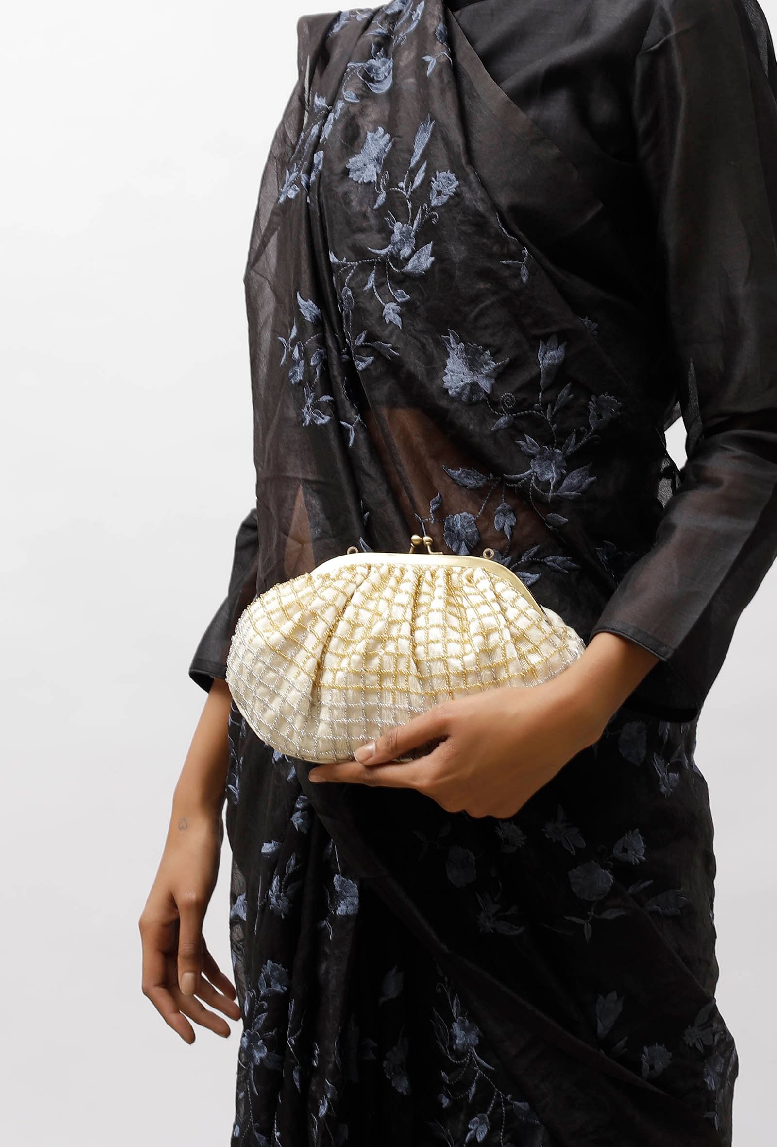 White and Golden Embellished Clutch Bag