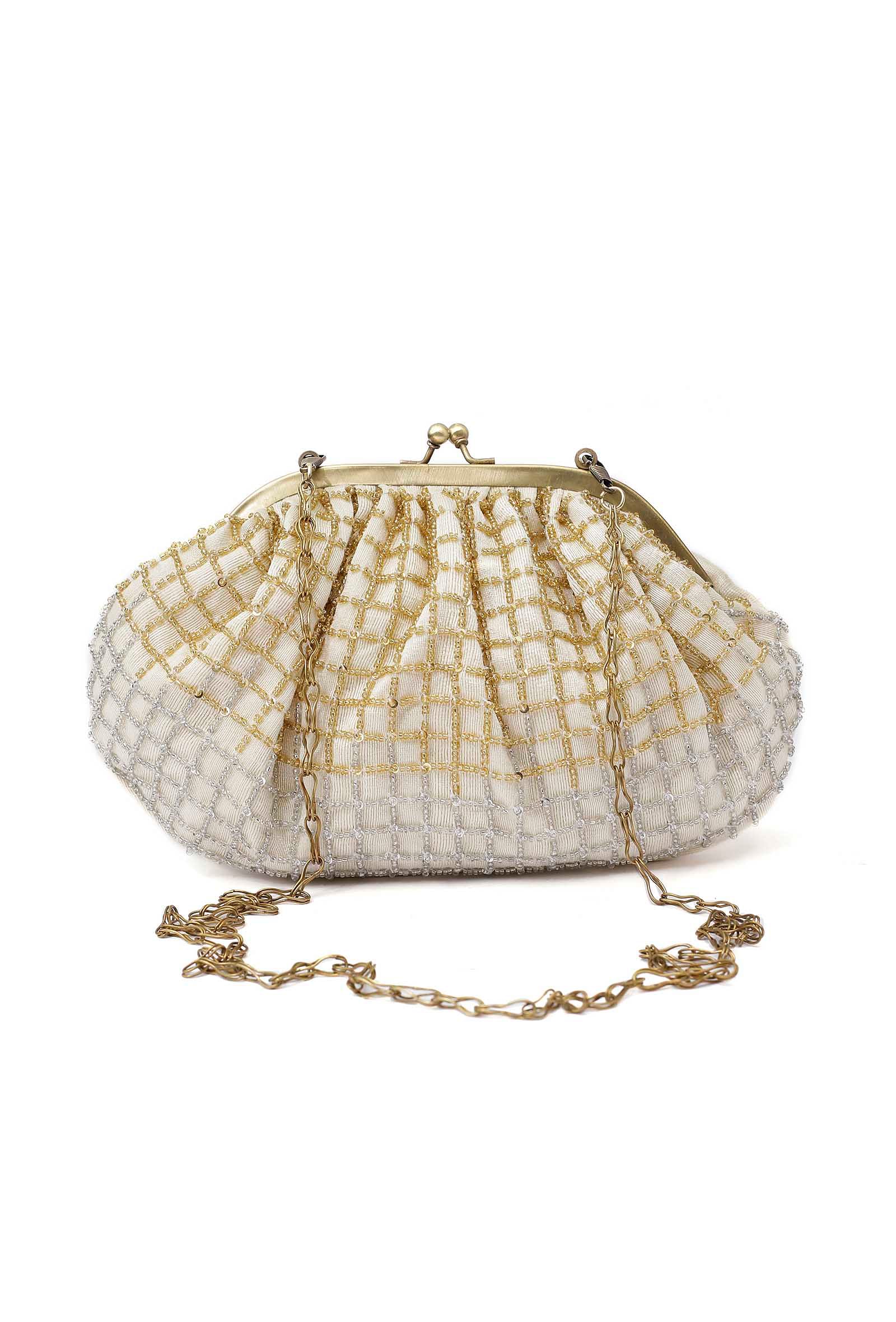White and Golden Embellished Clutch Bag