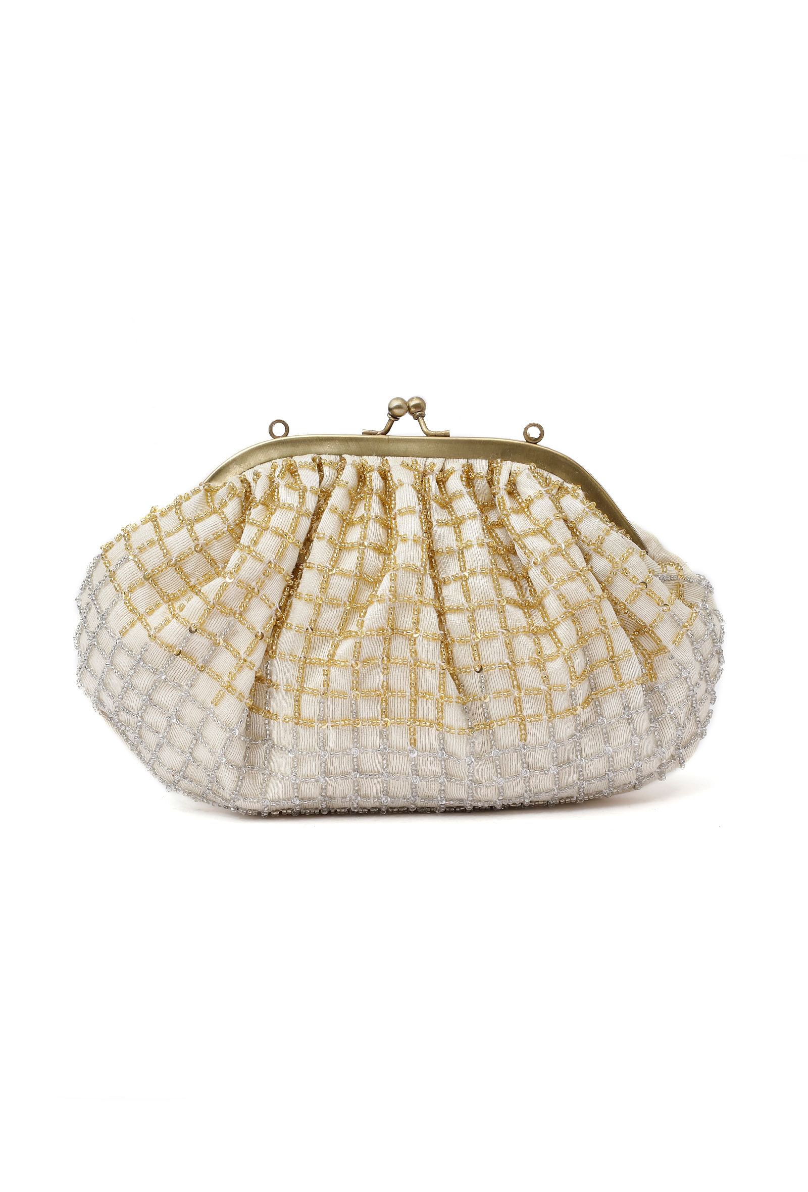 White and Golden Embellished Clutch Bag