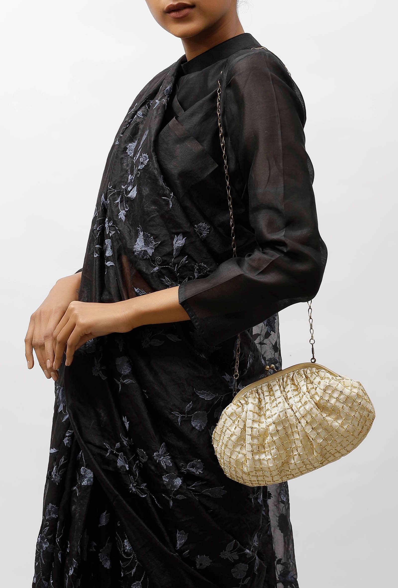 Kiya White-Golden Embellished Clutch Bag