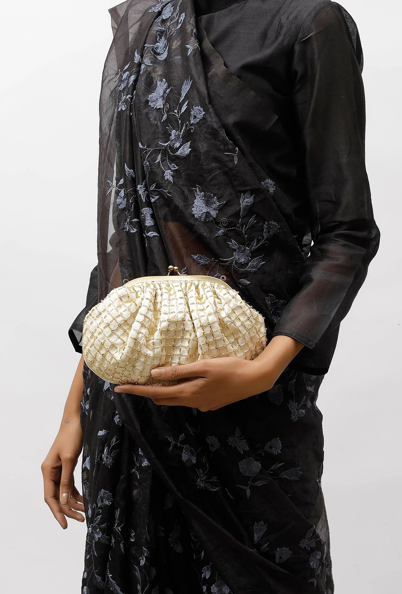 Kiya White-Golden Embellished Clutch Bag