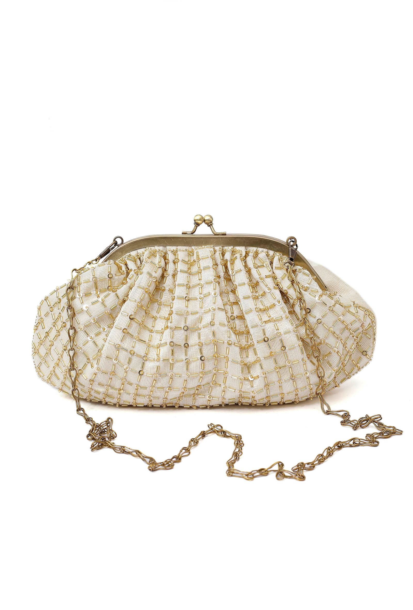 Kiya White-Golden Embellished Clutch Bag