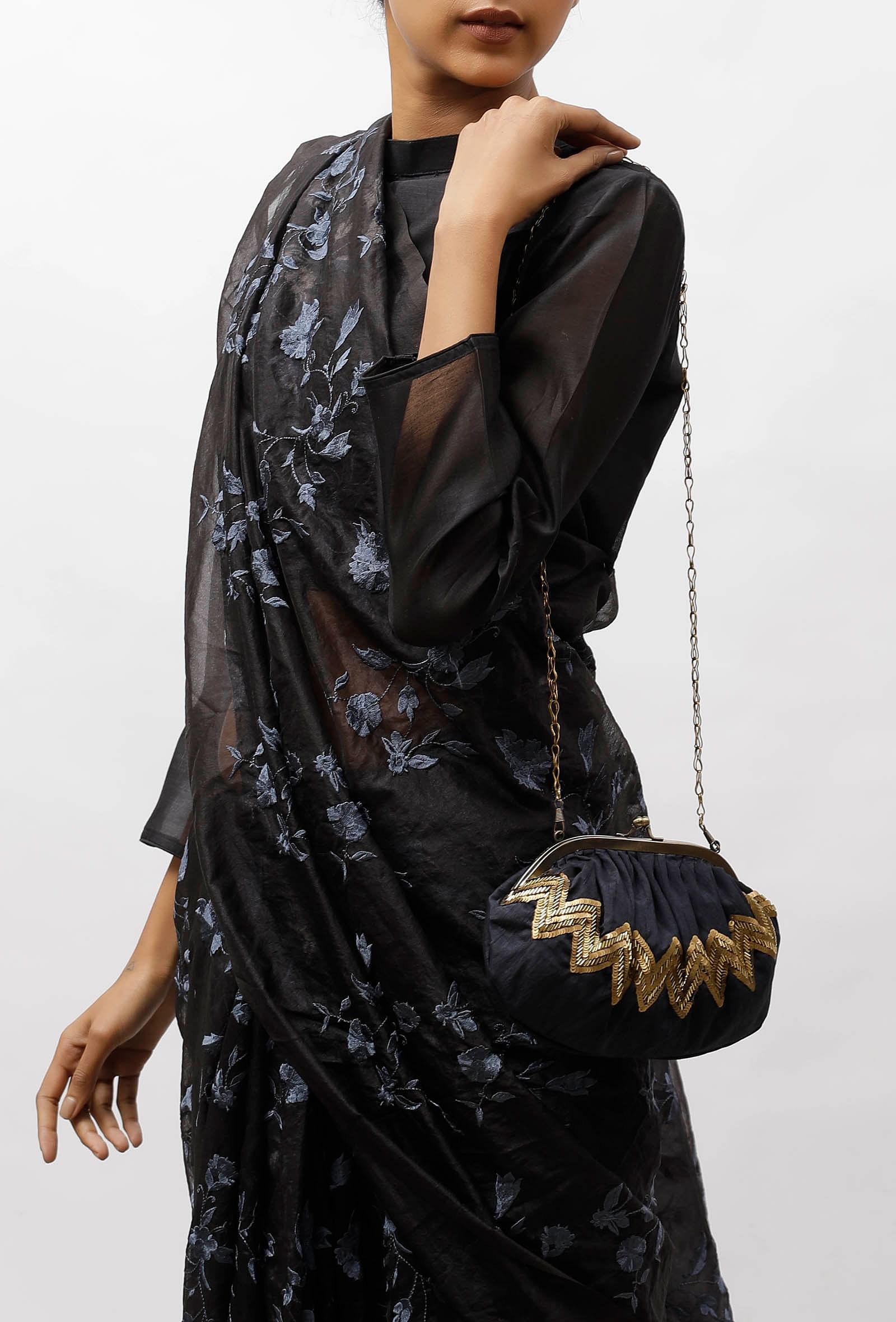 Prussian Black Embellished Clutch Bag