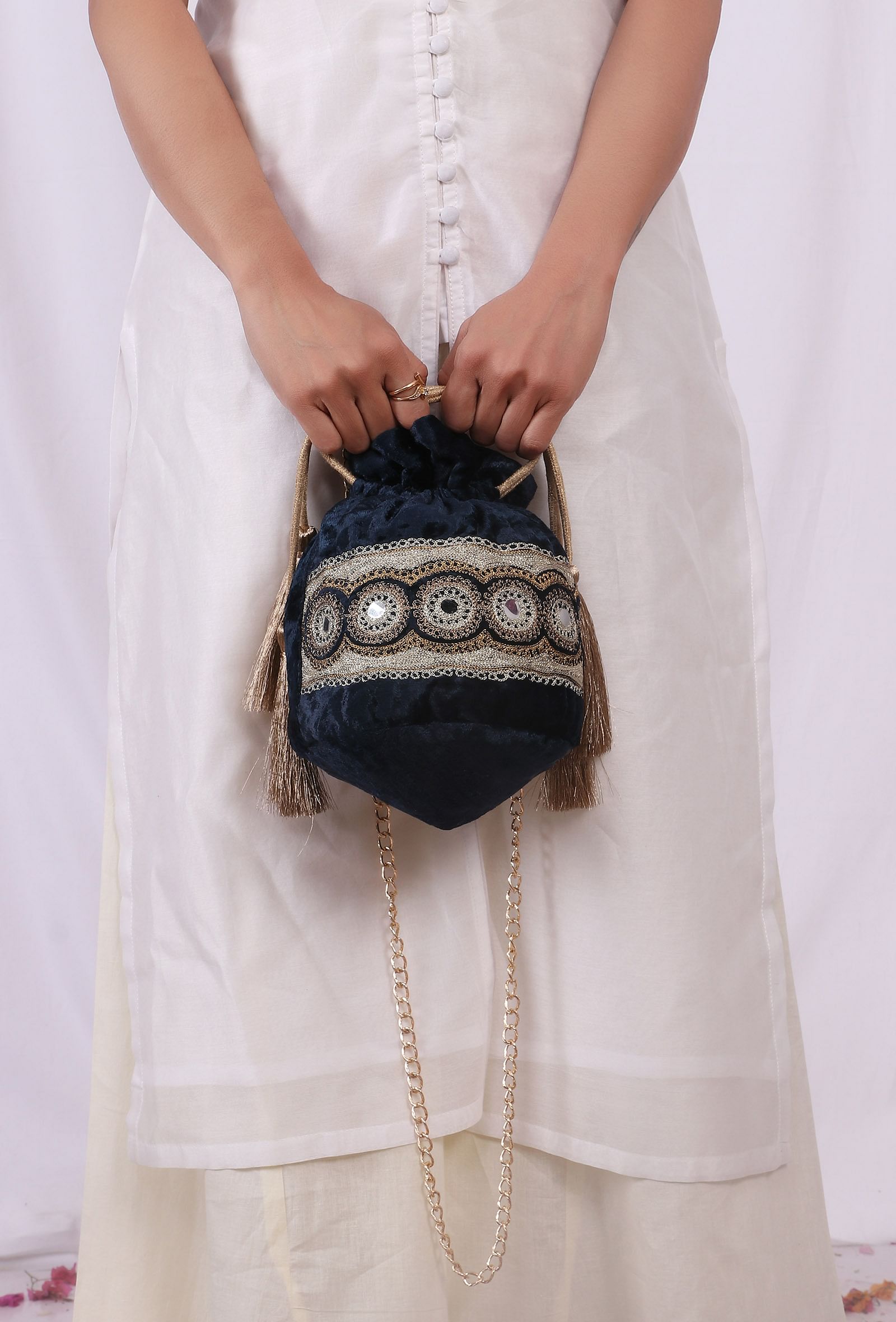 Dark Blue Velvet Tila Embroidery Potli