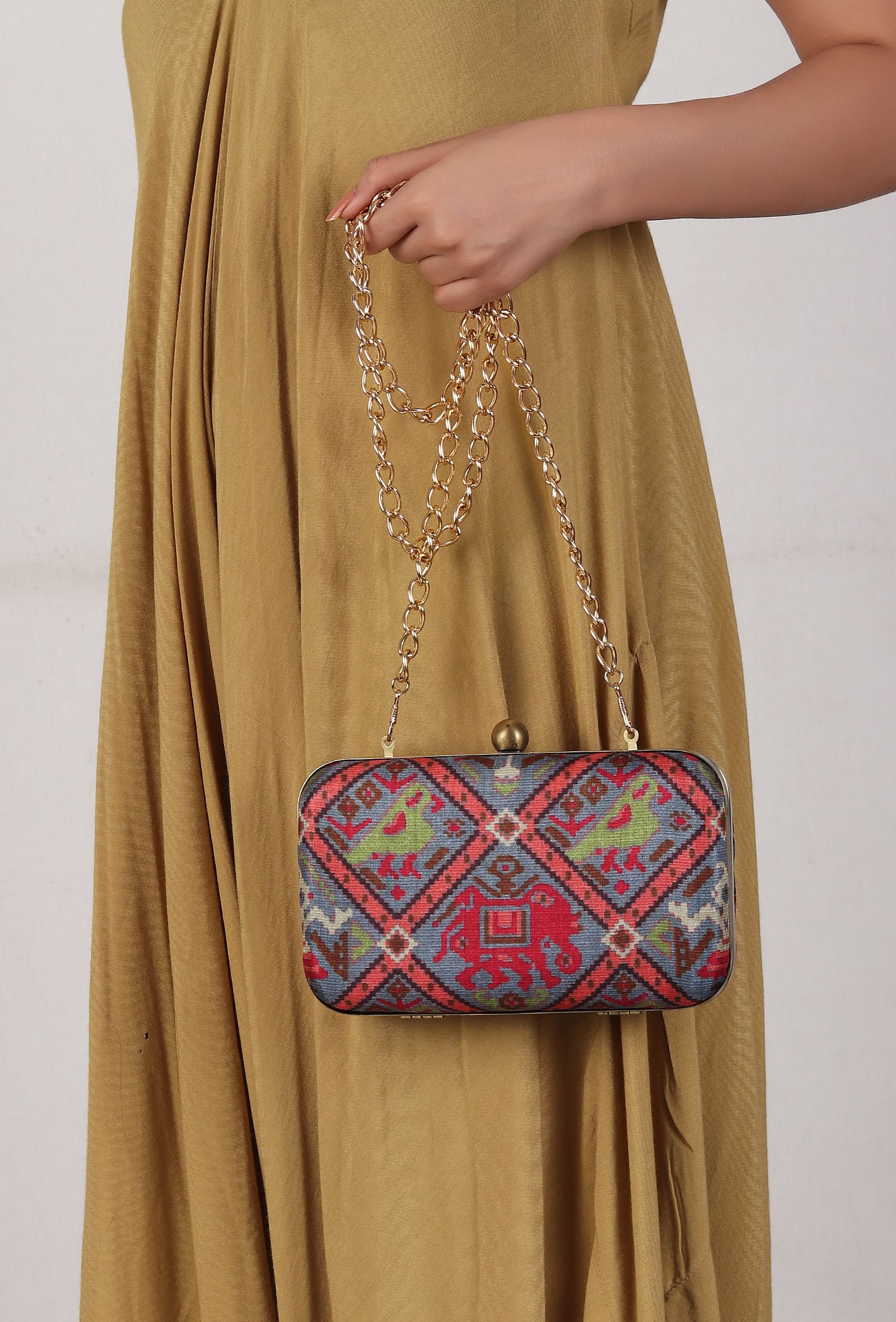 Gehna Blue & Multi Patola Print Rectangular Box Clutch