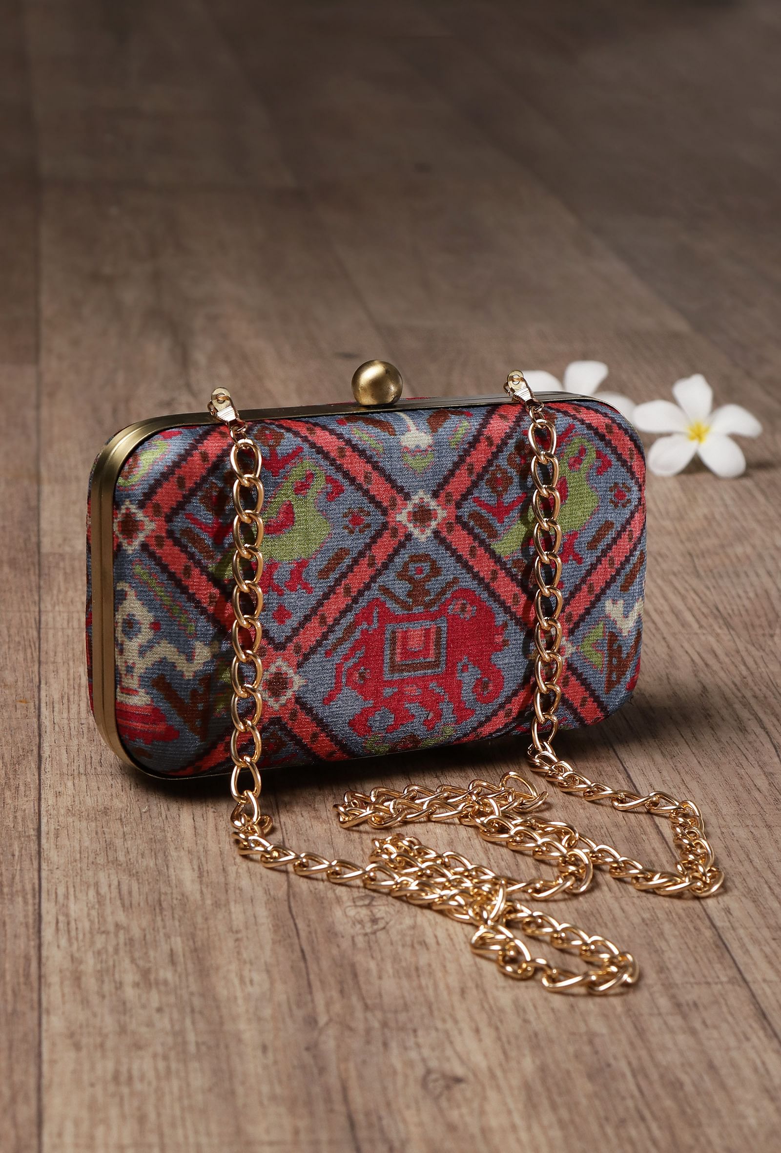 Gehna Blue & Multi Patola Print Rectangular Box Clutch