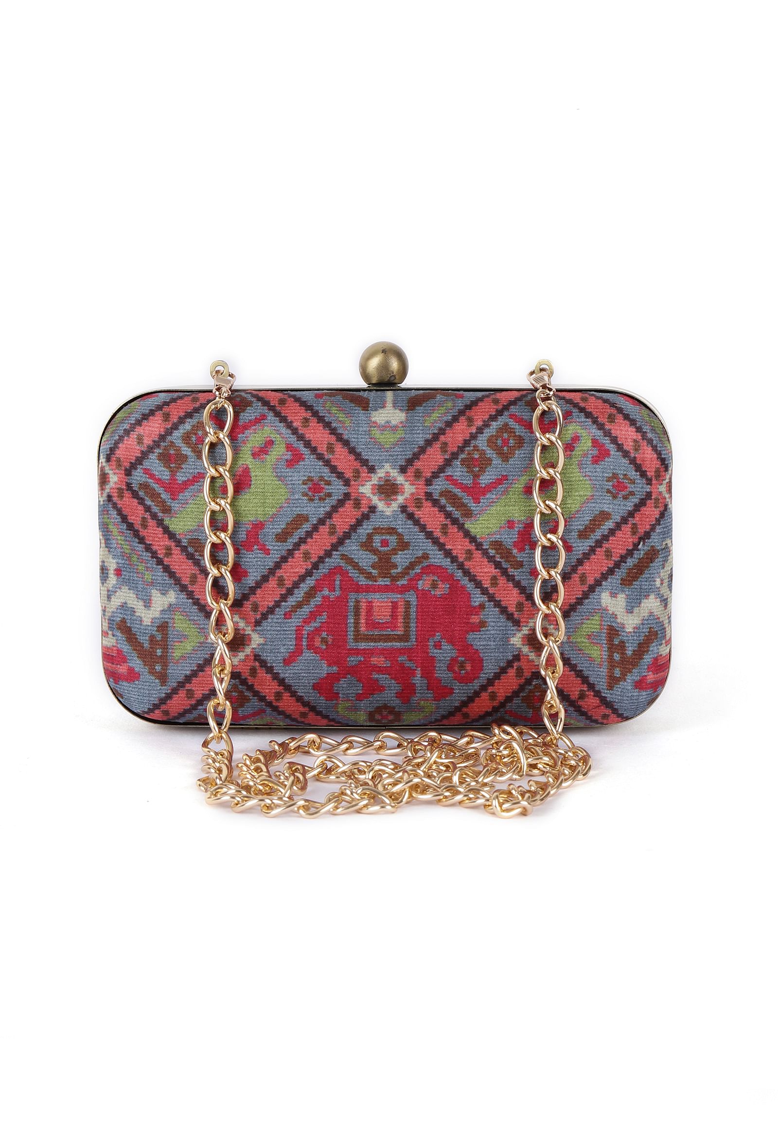 Gehna Blue & Multi Patola Print Rectangular Box Clutch