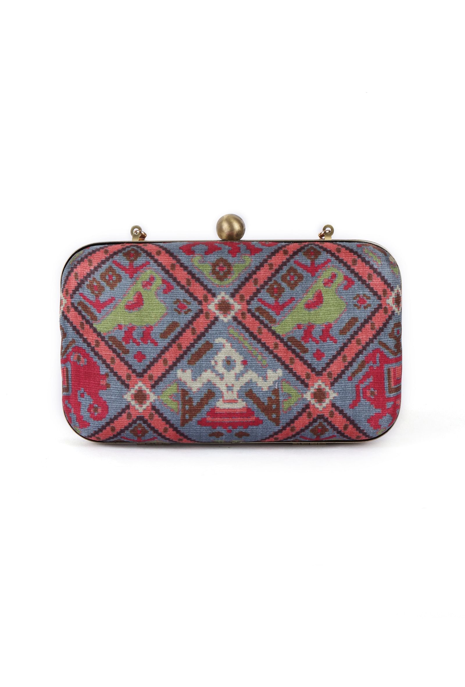 Gehna Blue & Multi Patola Print Rectangular Box Clutch