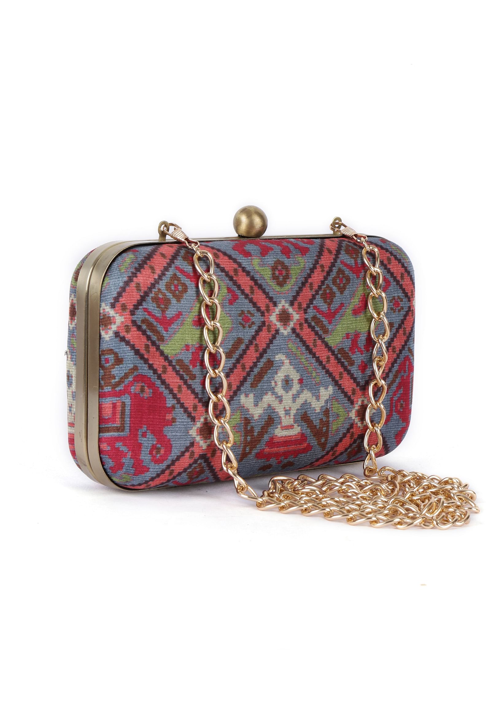 Gehna Blue & Multi Patola Print Rectangular Box Clutch