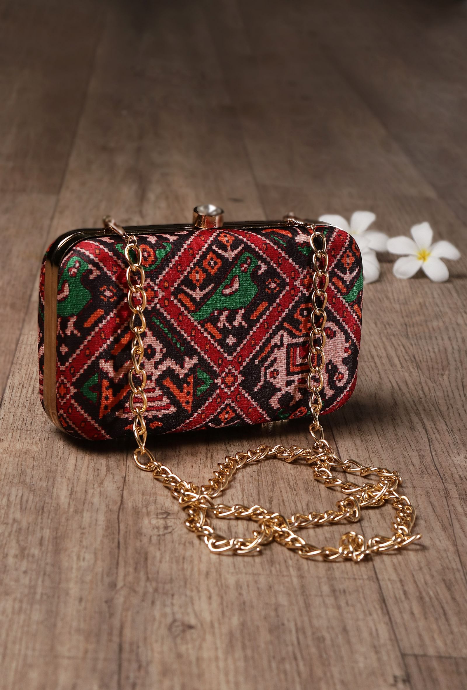 Tia Black & Multi Patola Print Rectangular Box Clutch