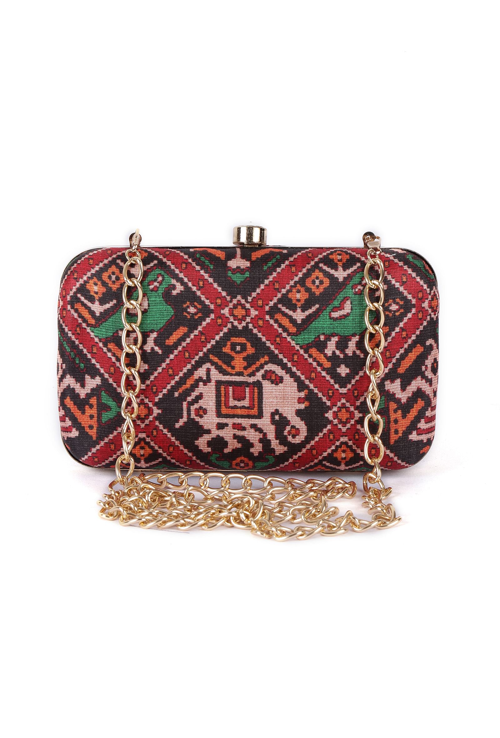 Tia Black & Multi Patola Print Rectangular Box Clutch