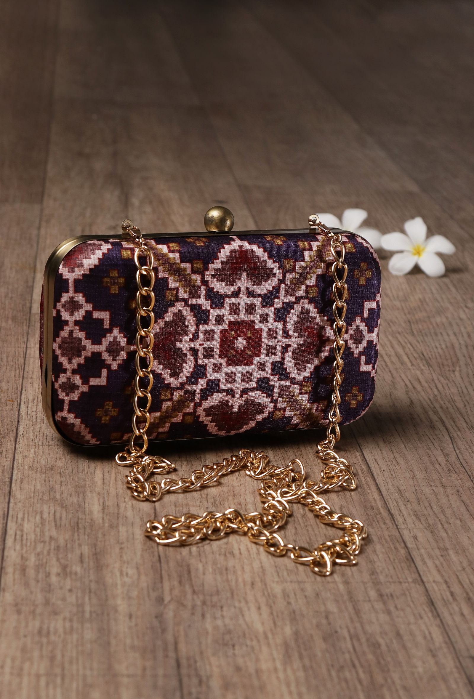 Aza Purple & Multi Patola Print Rectangular Box Clutch