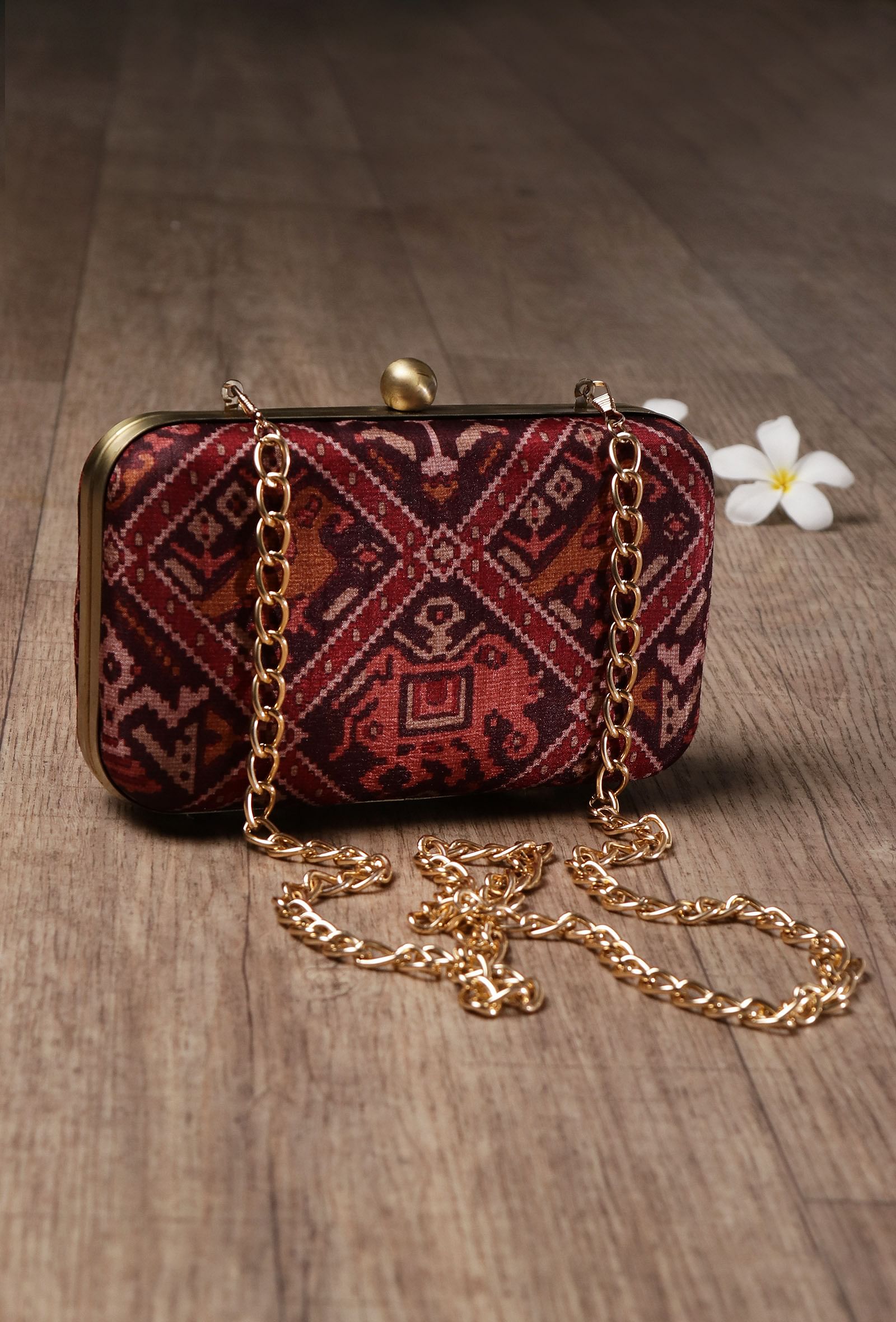 Bella Maroon & Multi Patola Print Rectangular Box Clutch