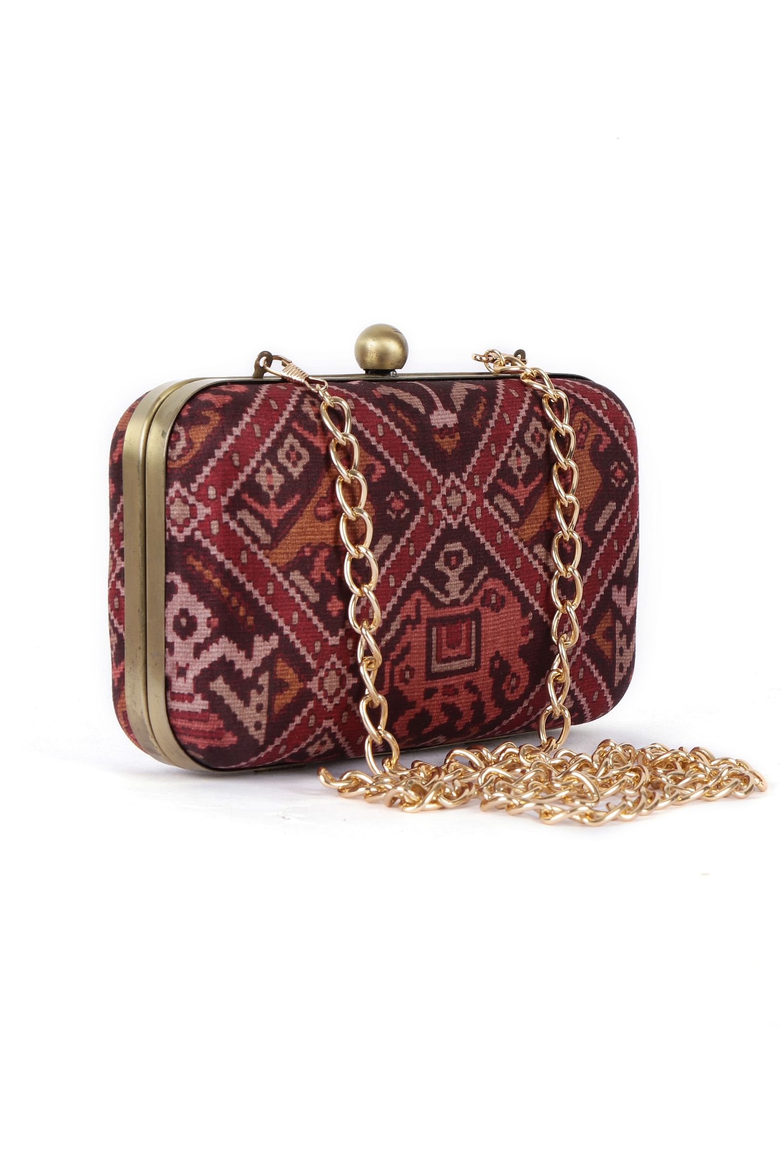 Bella Maroon & Multi Patola Print Rectangular Box Clutch