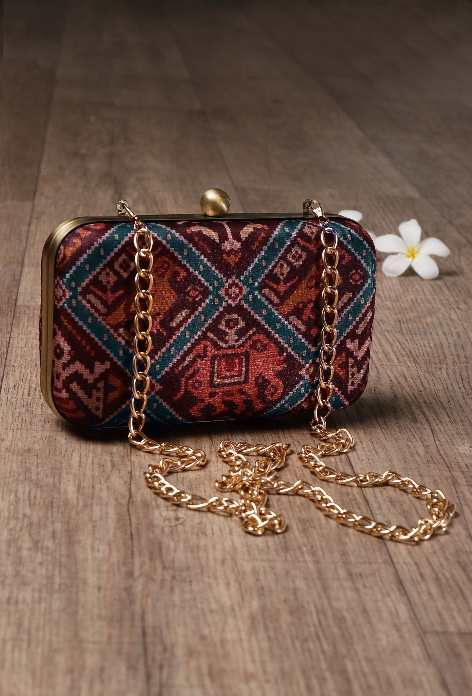 Anya Maroon, Blue & Multi Patola Print Rectangular Box Clutch