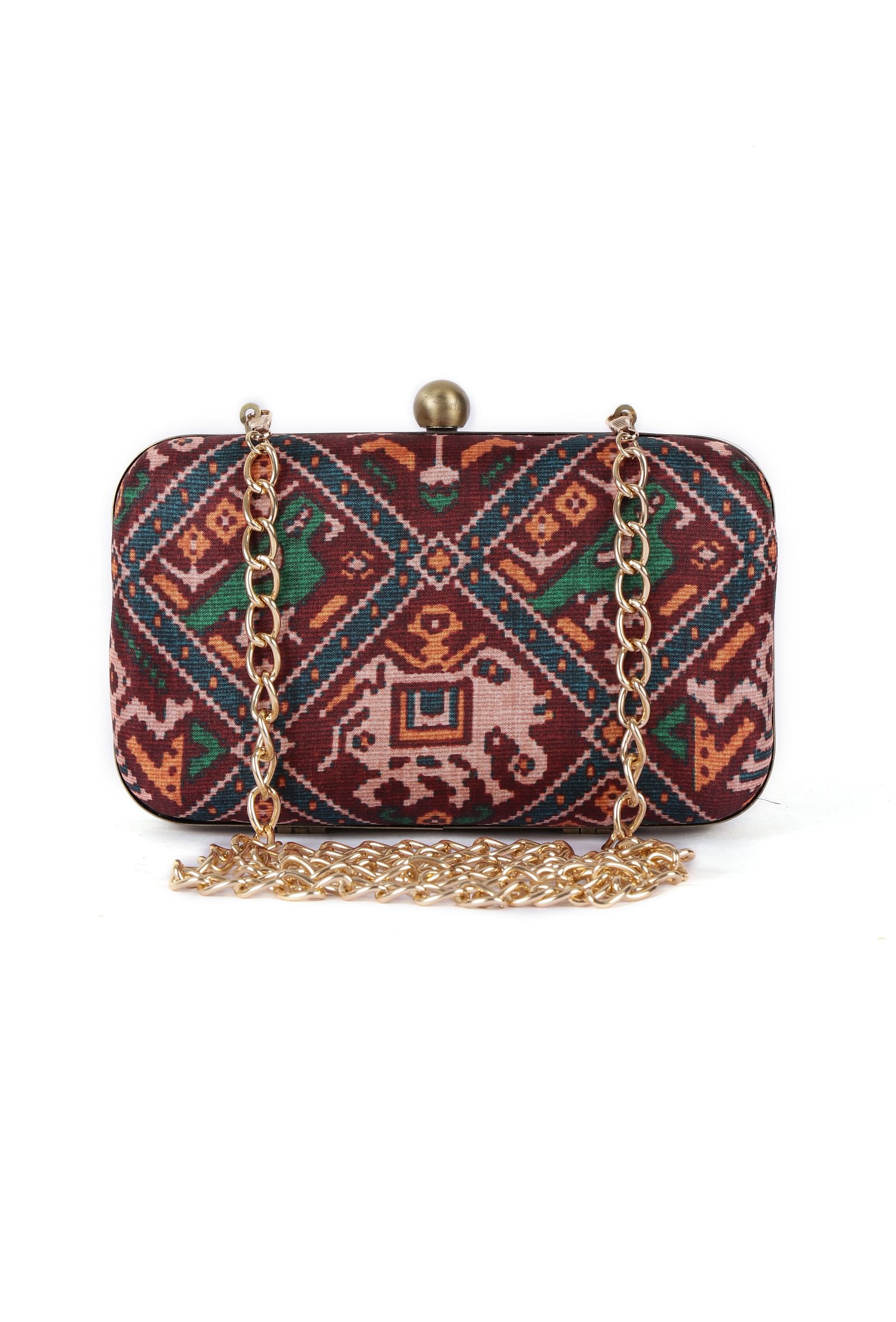 Anya Maroon, Blue & Multi Patola Print Rectangular Box Clutch