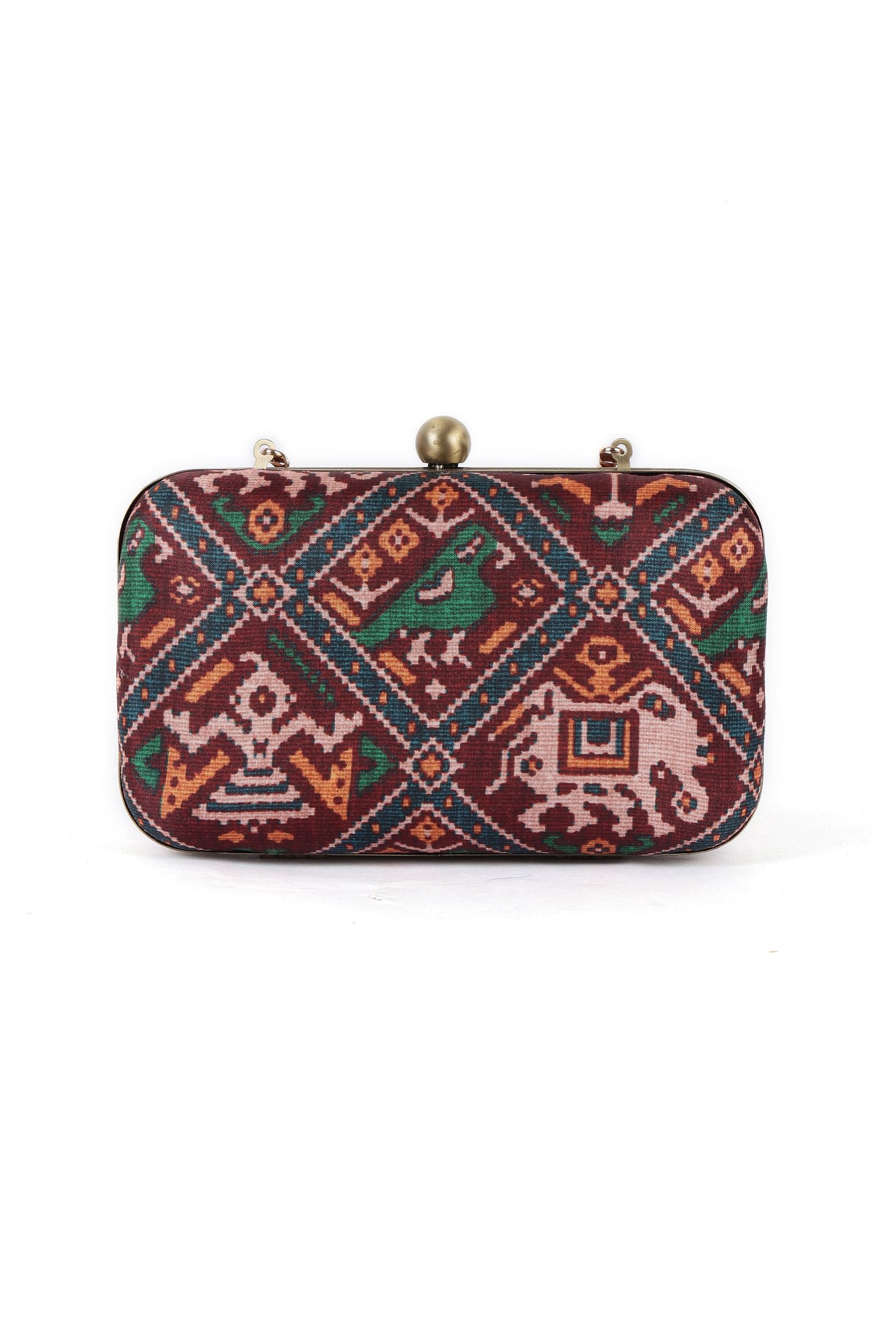 Anya Maroon, Blue & Multi Patola Print Rectangular Box Clutch